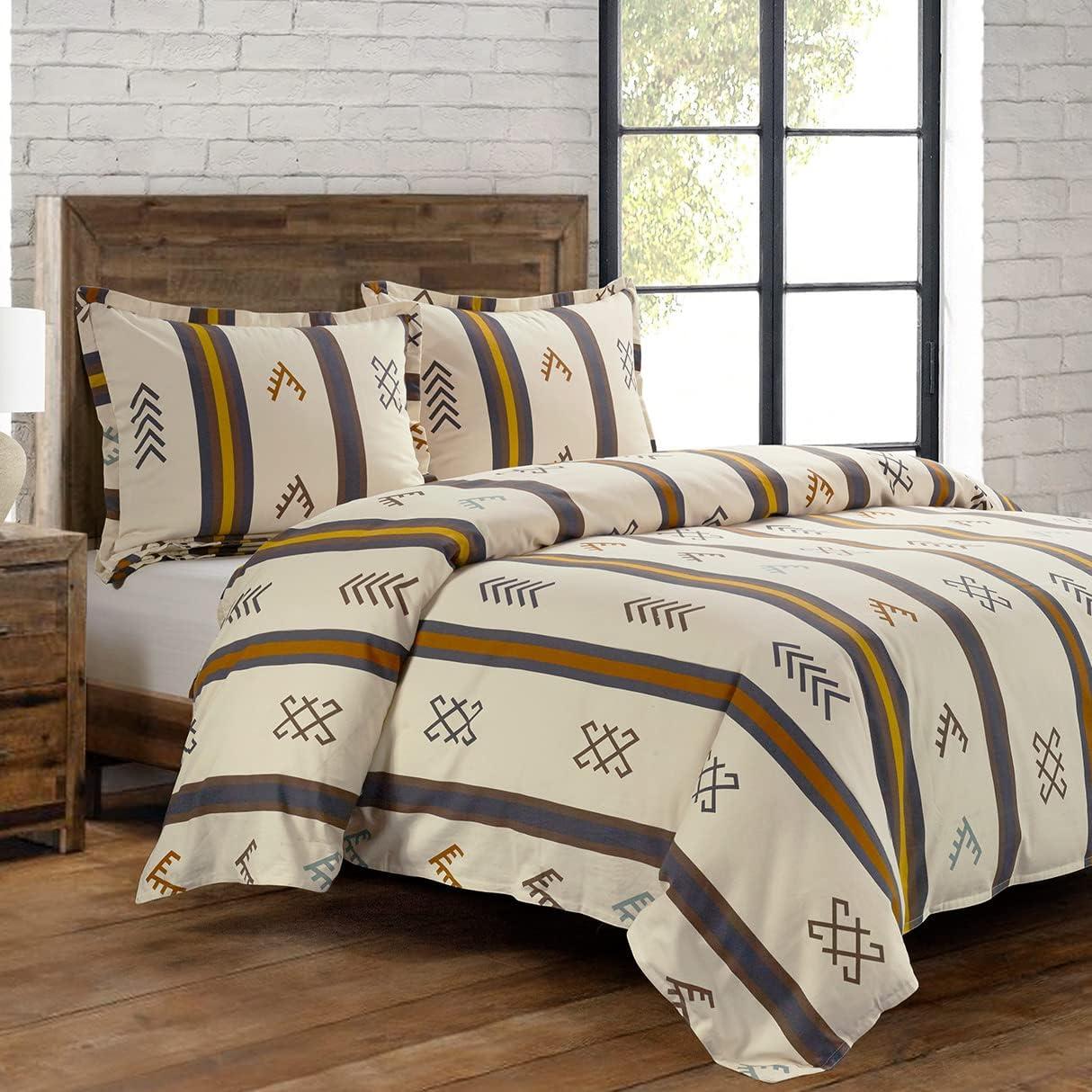 HiEnd Accents Toluca Canvas Western Bedding 3 Piece Full Comforter Set, Cattle Brand Symbols Print, Striped Cotton Rustic Cabin Lodge Bed Set, 1 Comforter, 2 Pillow Shams