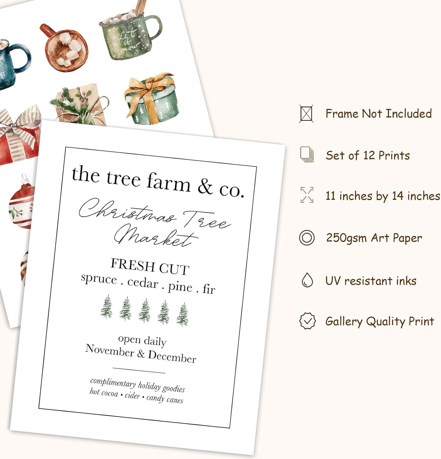 AnyDesign 12Pcs Christmas Wall Art Prints Minimalist Watercolor Xmas Art Poster Aesthetic Cozy Christmas Posters Room Decor for Xmas Tree Winter Gallery Living Room Bathroom (UNFRAMED, 11x14in)