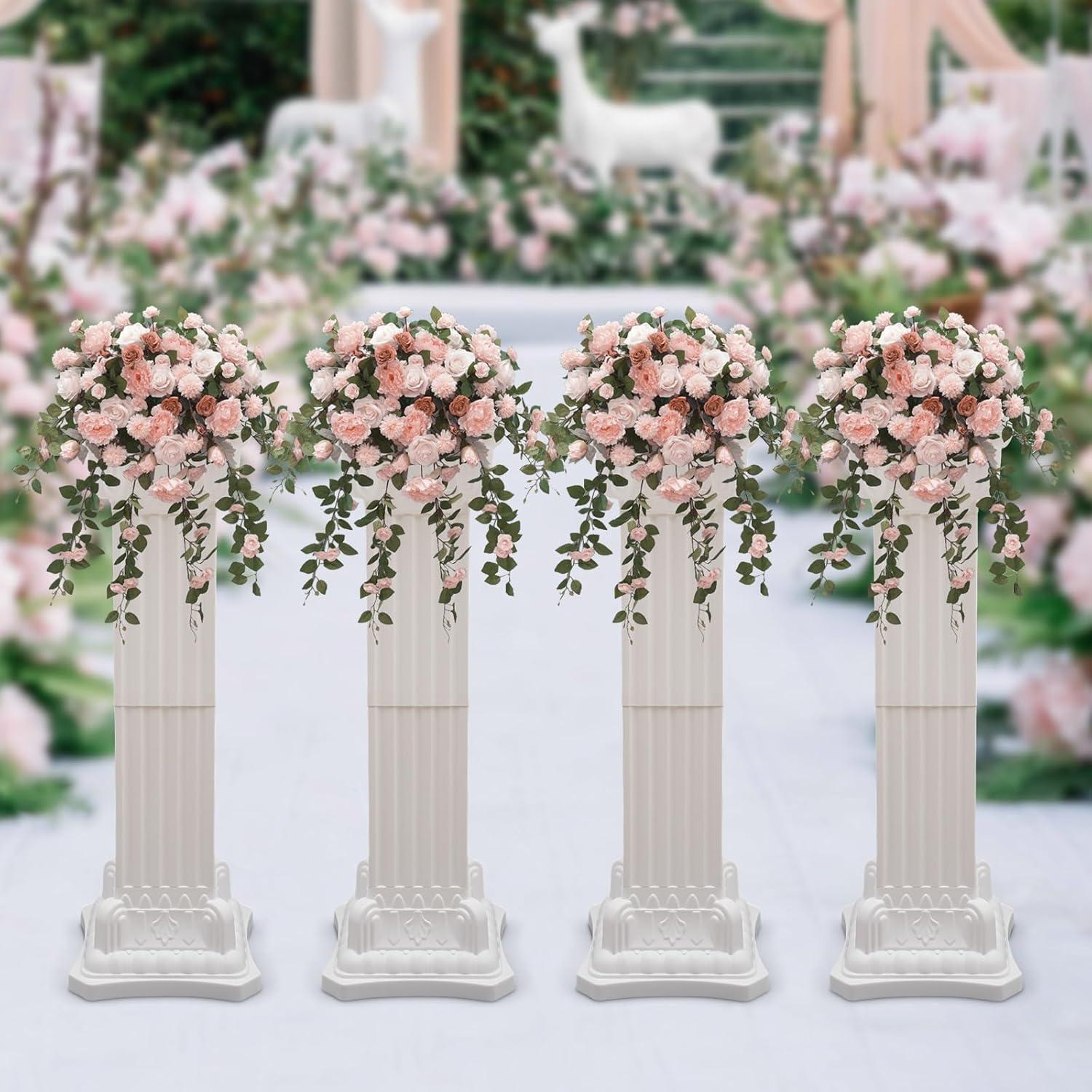 Roman Columns Plastic Wedding Stand Pillar Greek Statue Plant Stand Elegant Event Party Decorative Pedestal Flower Pot Holder Decor (4Pcs, 11.81x35.43 Inch)