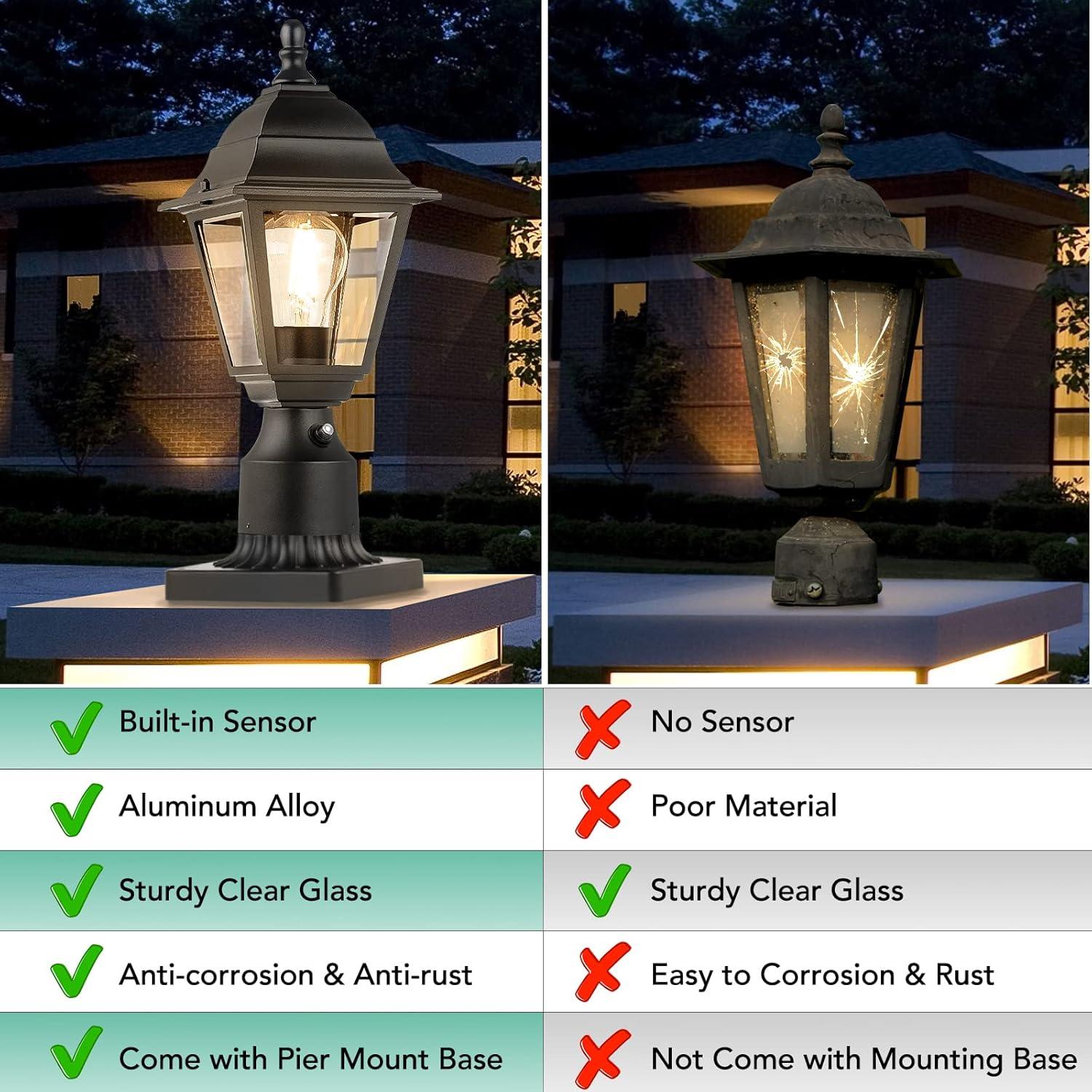 Black Metal Dusk to Dawn Outdoor Post Lights with Clear Glass, 2-Pack