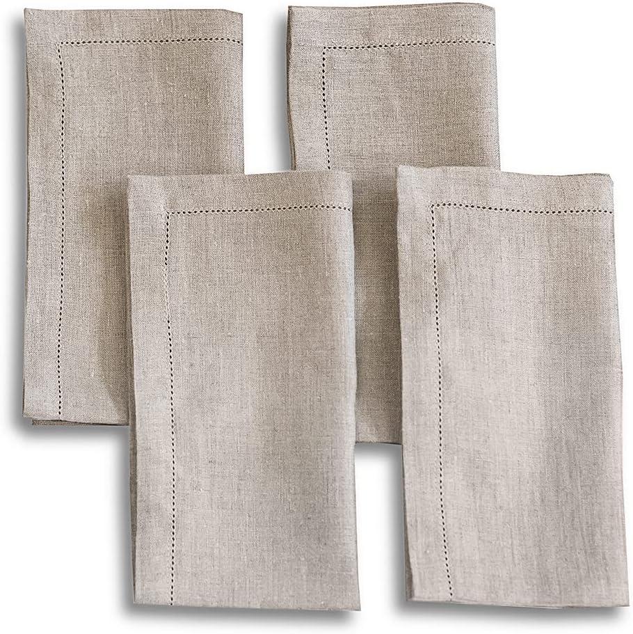 Natural Linen Hemstitch 20 x 20 Inch Dinner Napkins, Set of 4