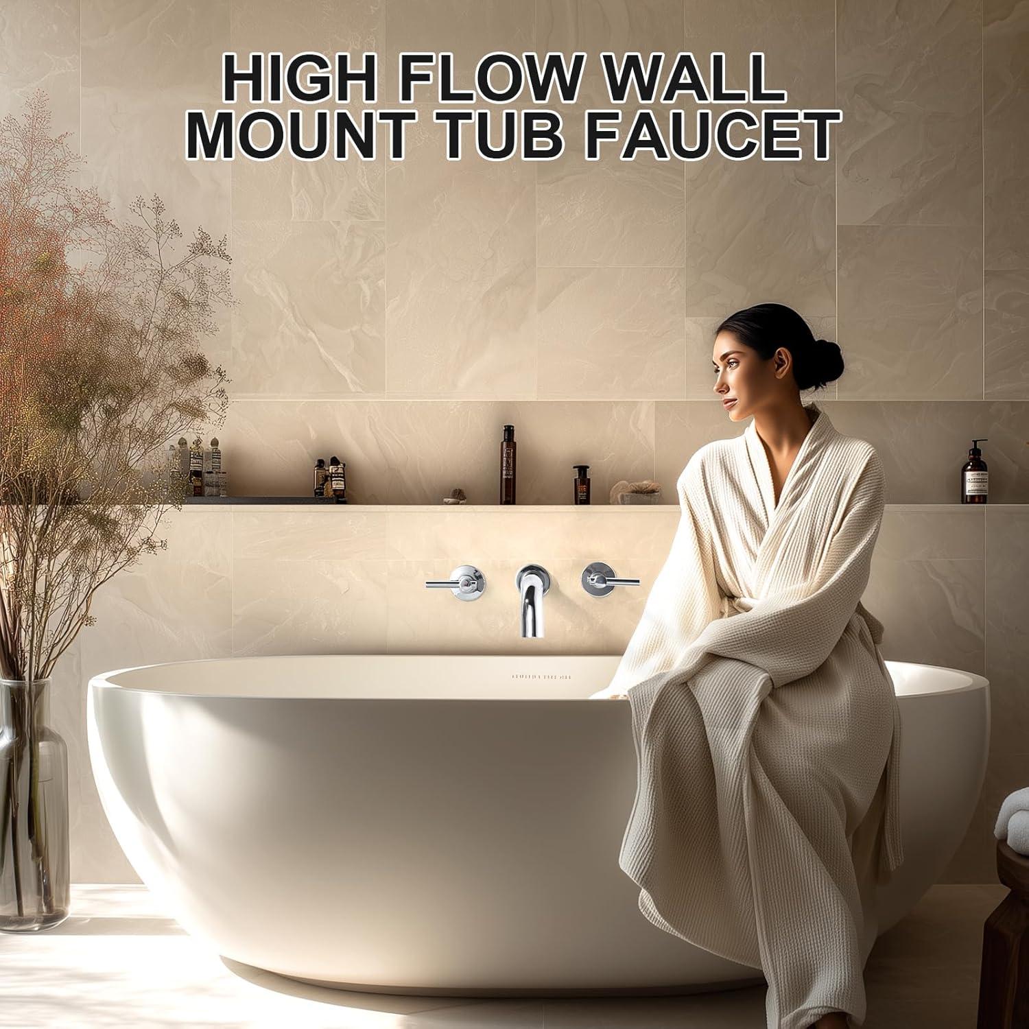 Wall Mount Tub Filler Tub Faucet High Flow Bathtub Faucets Two Handles Solid Brass, 12" Long Spout Reach, Chrome