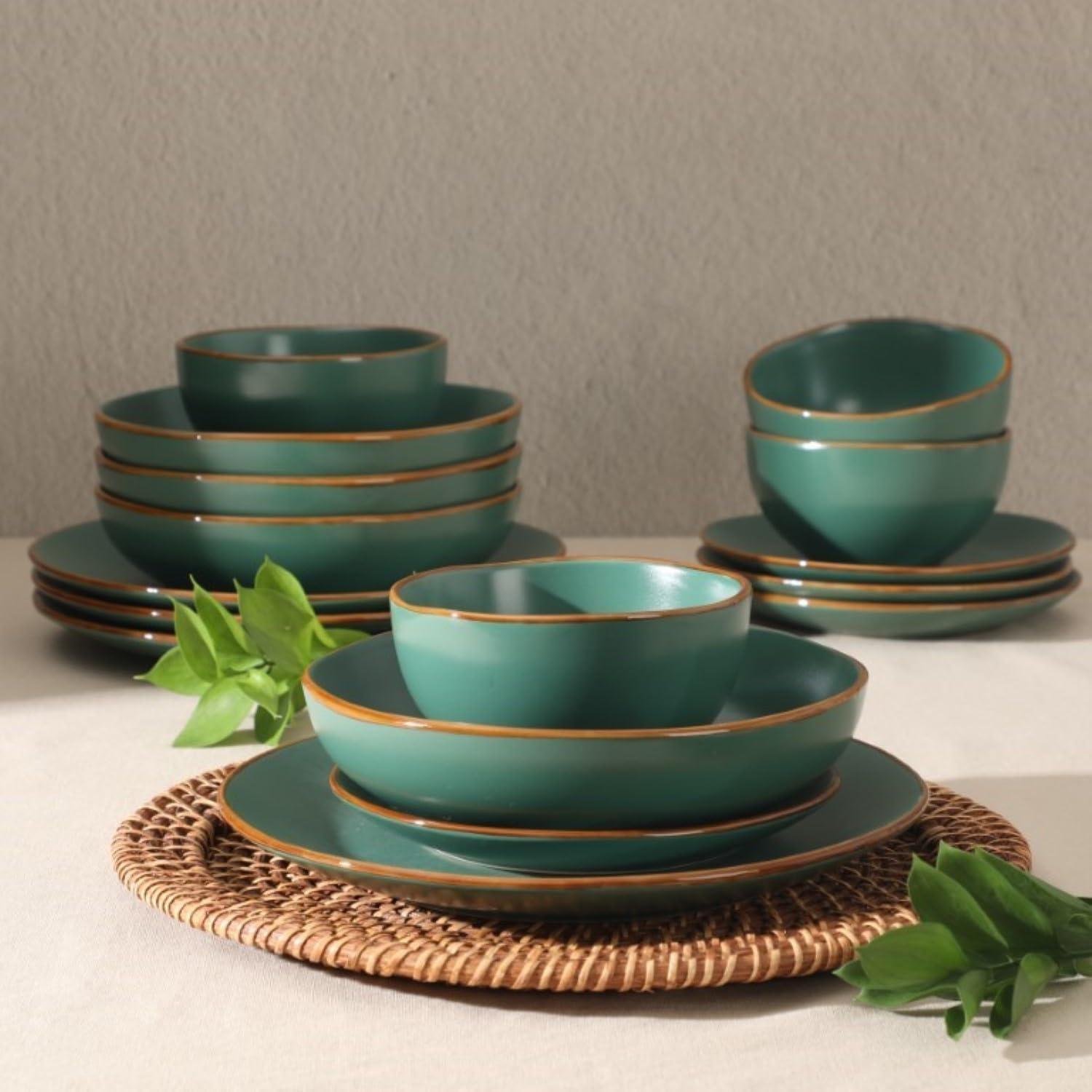 Green Semi-Glossy Ceramic 16-Piece Dinnerware Set