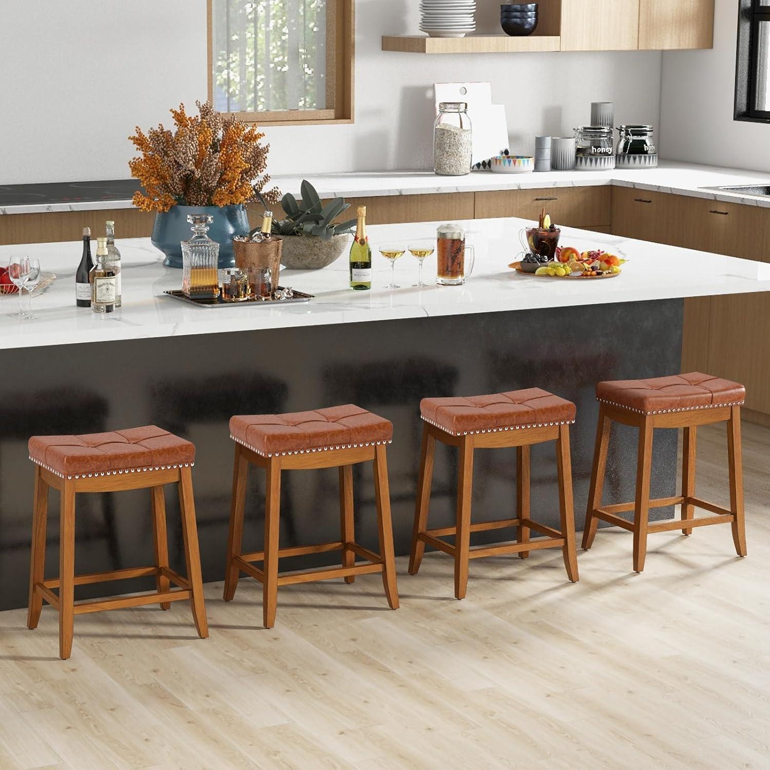 Topcobe 25/29 Inch Set of 2 Upholstered PU Leather Bar Stools with Saddle Seat, Modern Furniture for Indoor-25 inches