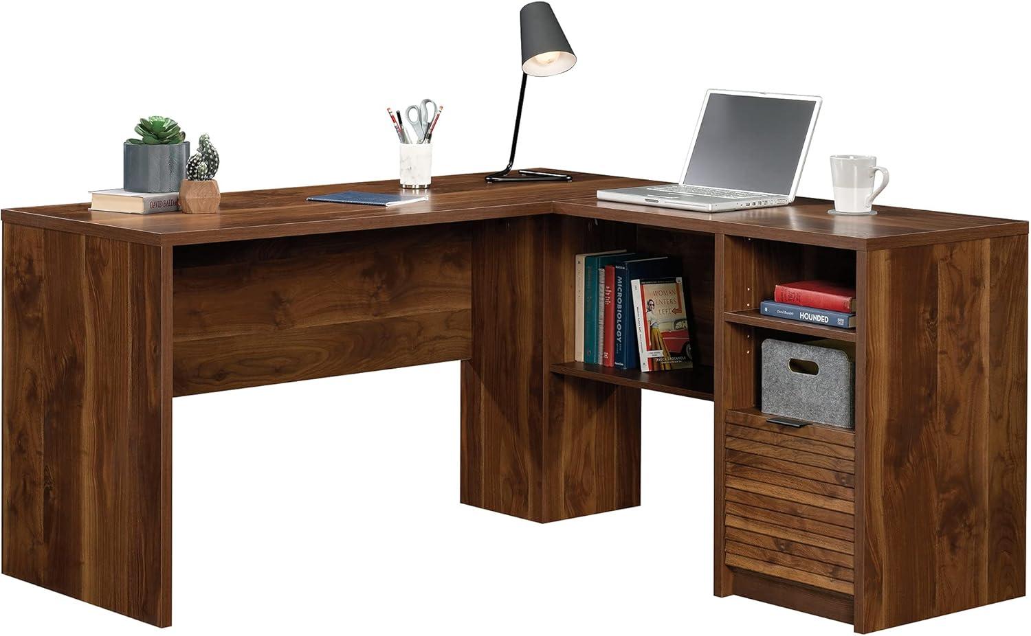 Grand Walnut L-Shaped Writing Desk with Drawer and Filing Cabinet