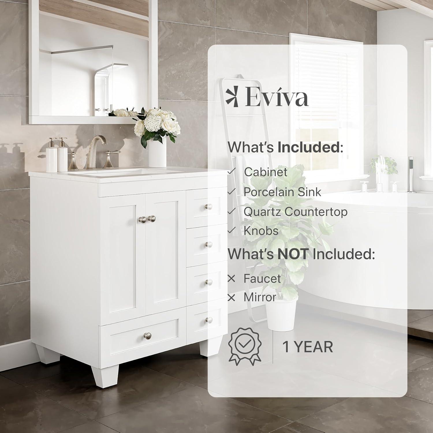 Eviva Happy 28"W x 18"D White Bathroom Vanity with White Carrara Quartz Vanity Top and Rectangular Undermount Sink