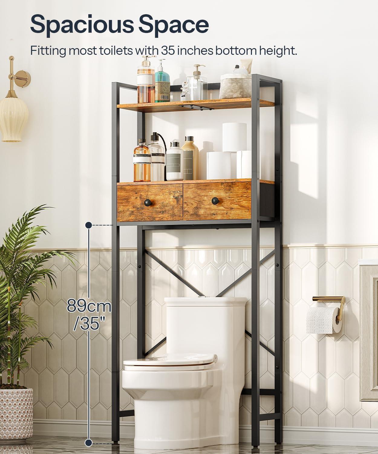 HOOBRO Over-The-Toilet Storage Rack with 2 Drawers, 3-Tier Bathroom Organizer Shelf Over Toilet, Freestanding Toilet Shelf, Storage Cabinet, Rustic Brown and Black BF47TS01