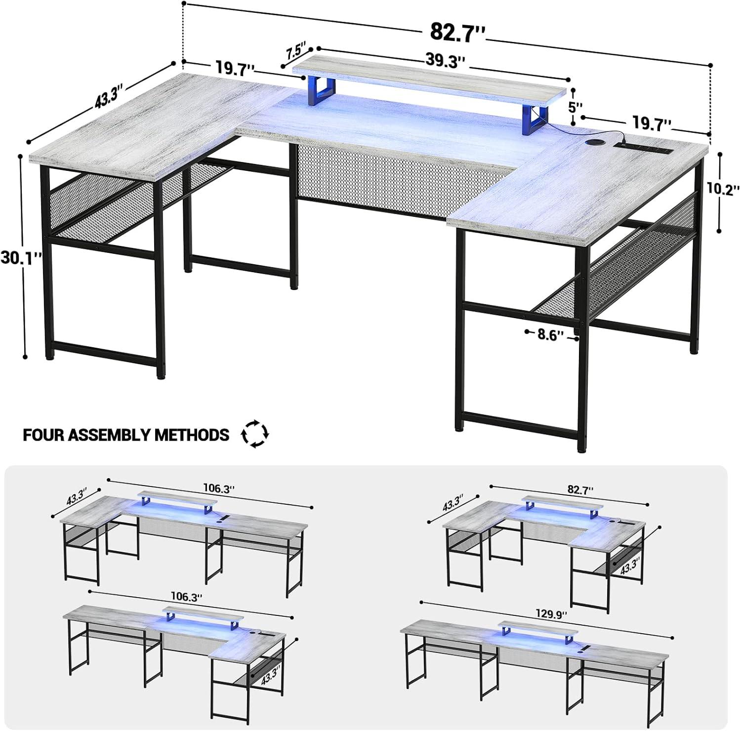 Unikito U Shaped Computer Desk with Power Outlet and LED Strip, Reversible L Shaped Office Desk with Monitor Stand and Bookshelf, Modern U- Shape Corner Desk, 130 Inch 2 Person Gaming Table, White Oak