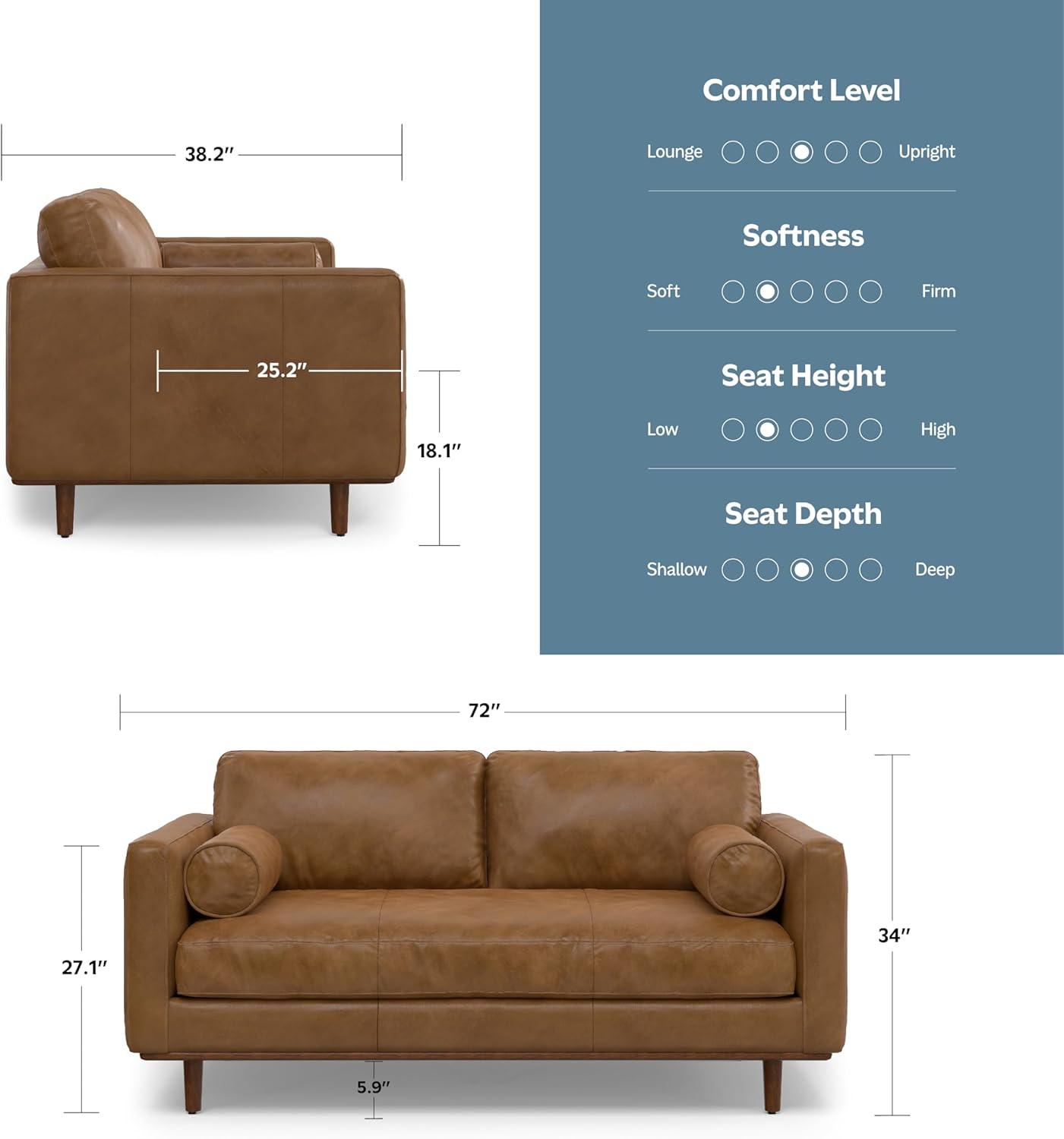 Simpli Home Morrison Genuine Leather Sofa, Mid-Century Modern Couch for Living Room, Handcrafted with Removable Cushions
