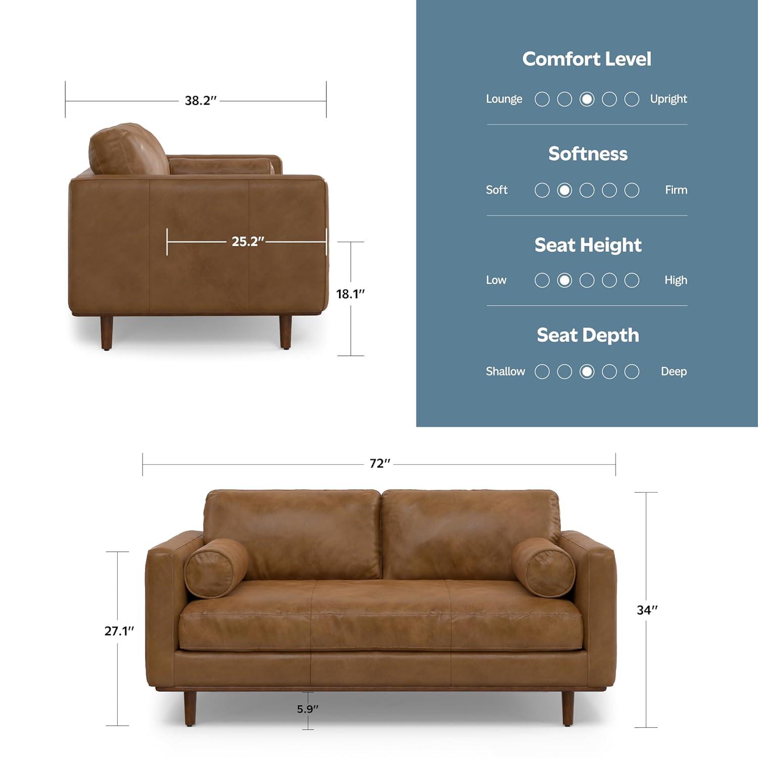 Simpli Home Morrison Genuine Leather Sofa, Mid-Century Modern Couch for Living Room, Handcrafted with Removable Cushions