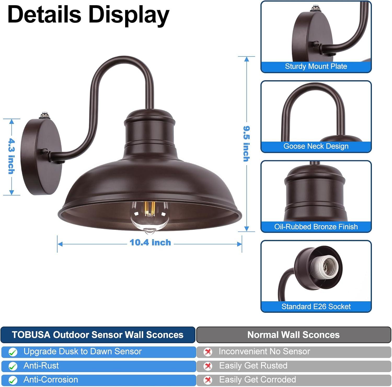 VIANIS Dusk to Dawn Barn Lights, 2 Pack Brown Gooseneck Outdoor Light Fixture, Farmhouse Outdoor Wall Lights for House, Porch, Entryway, Garage