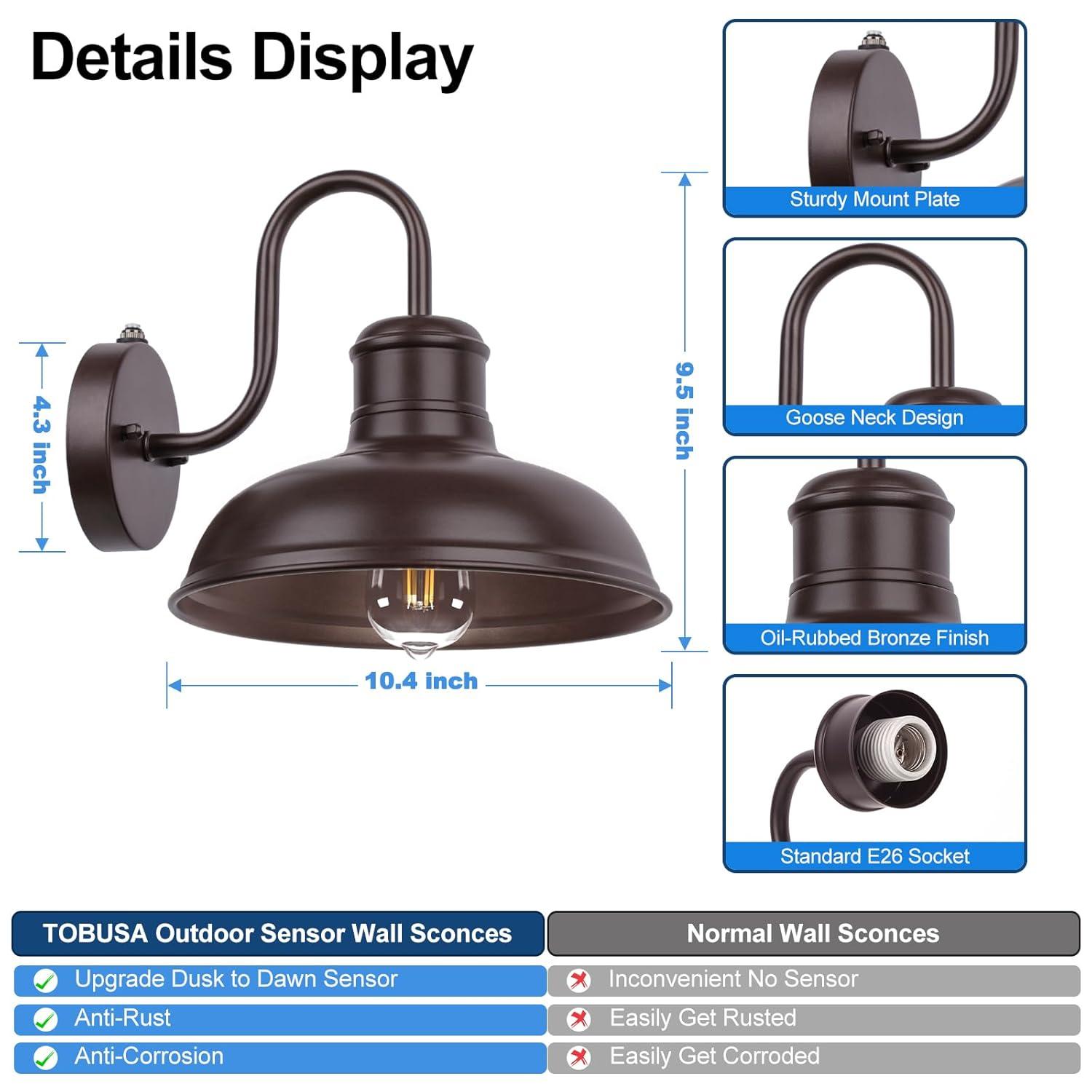 VIANIS Dusk to Dawn Barn Lights, 2 Pack Brown Gooseneck Outdoor Light Fixture, Farmhouse Outdoor Wall Lights for House, Porch, Entryway, Garage