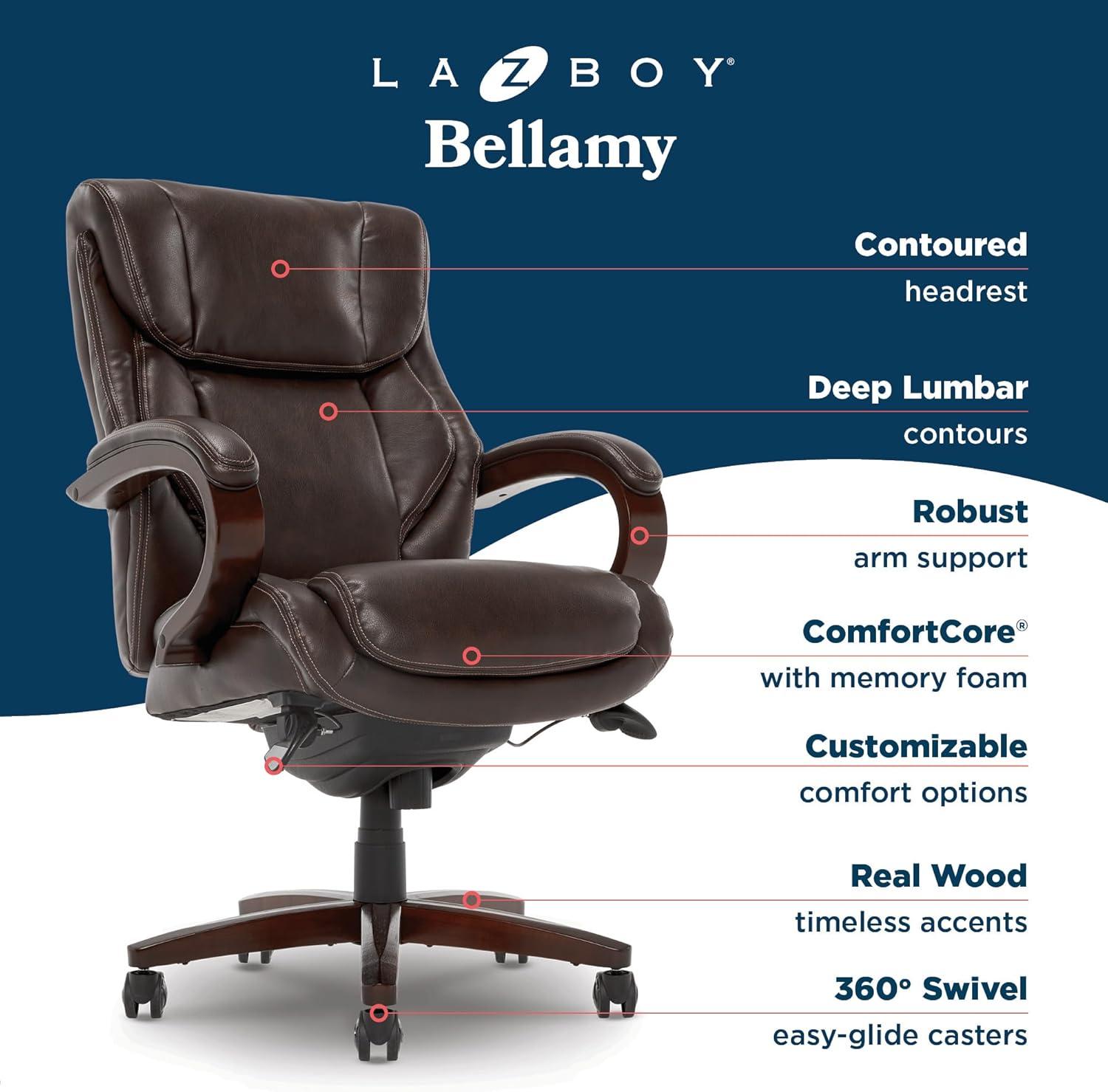 La-Z-Boy La-Z-Boy Bellamy Executive Office Chair with Memory Foam Cushions, Real Wood Arms and Swivel Base, Waterfall Seat Edge, Faux Bonded Leather