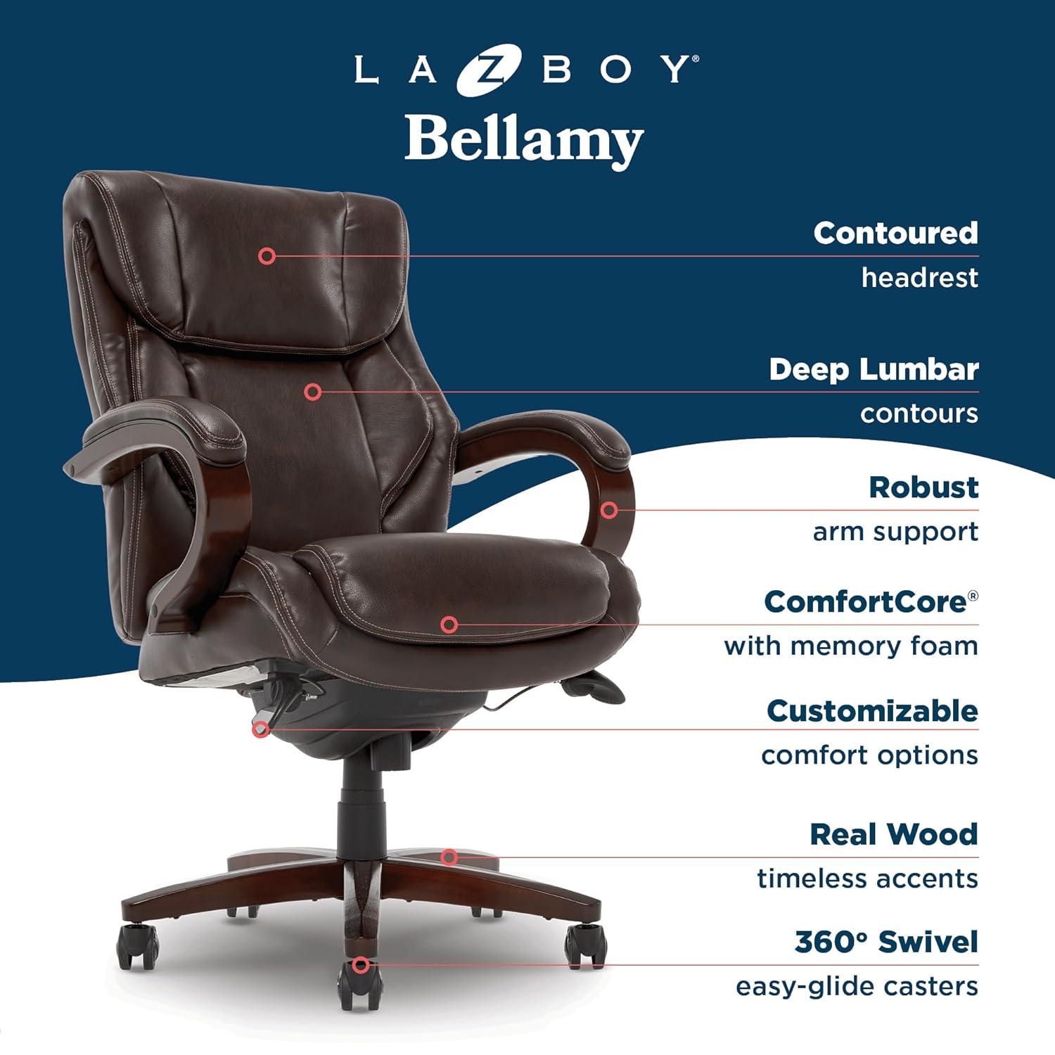 La-Z-Boy La-Z-Boy Bellamy Executive Office Chair with Memory Foam Cushions, Real Wood Arms and Swivel Base, Waterfall Seat Edge, Faux Bonded Leather