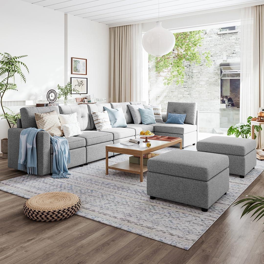 LINSY HOME Oversized Modular Cloud Sectional Sofa, RUBIK III 7 Seat Storage Couches and Sofas, Sectional Couches for Living Room with Reversible Chaises, Light Gray