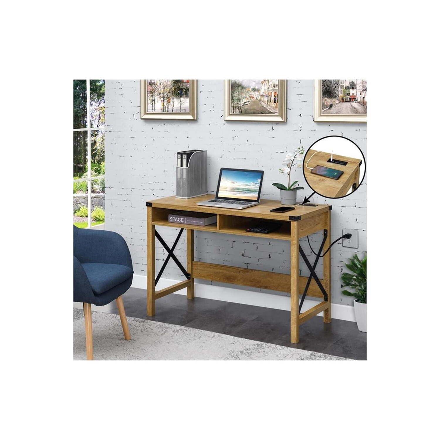 Durango 42-Inch Desk with Charging Station in Light English Oak Wood Finish