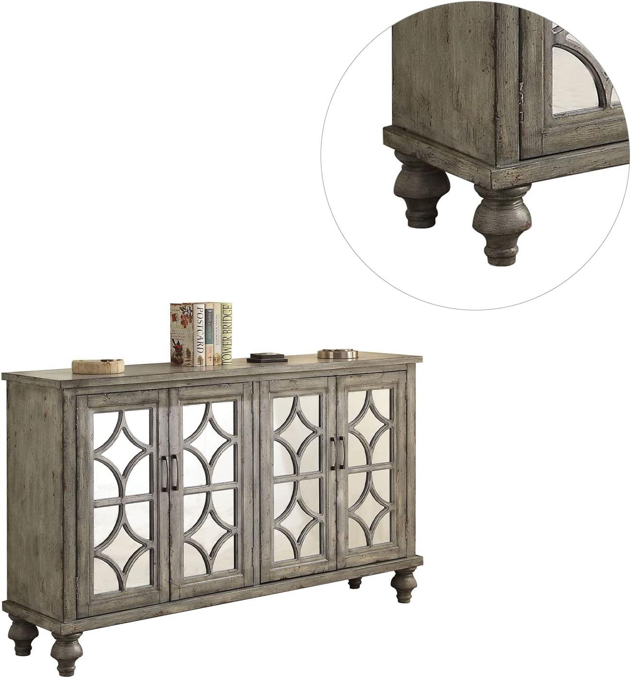 Velika Weathered Gray Wooden Console Table with Mirrored Doors