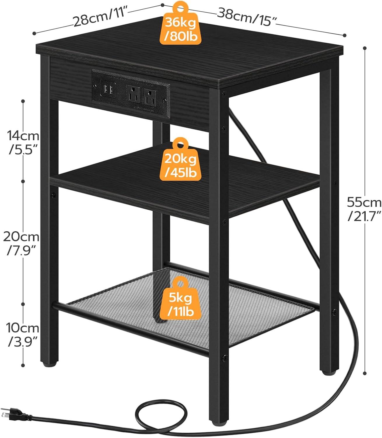 End Table Set of 2 with Charging Station and USB Ports, 3-Tier Nightstands with Adjustable Shelf, Small Side Tables for Small Space in Living Room, Bedroom and Balcony, Black BB112BZP201