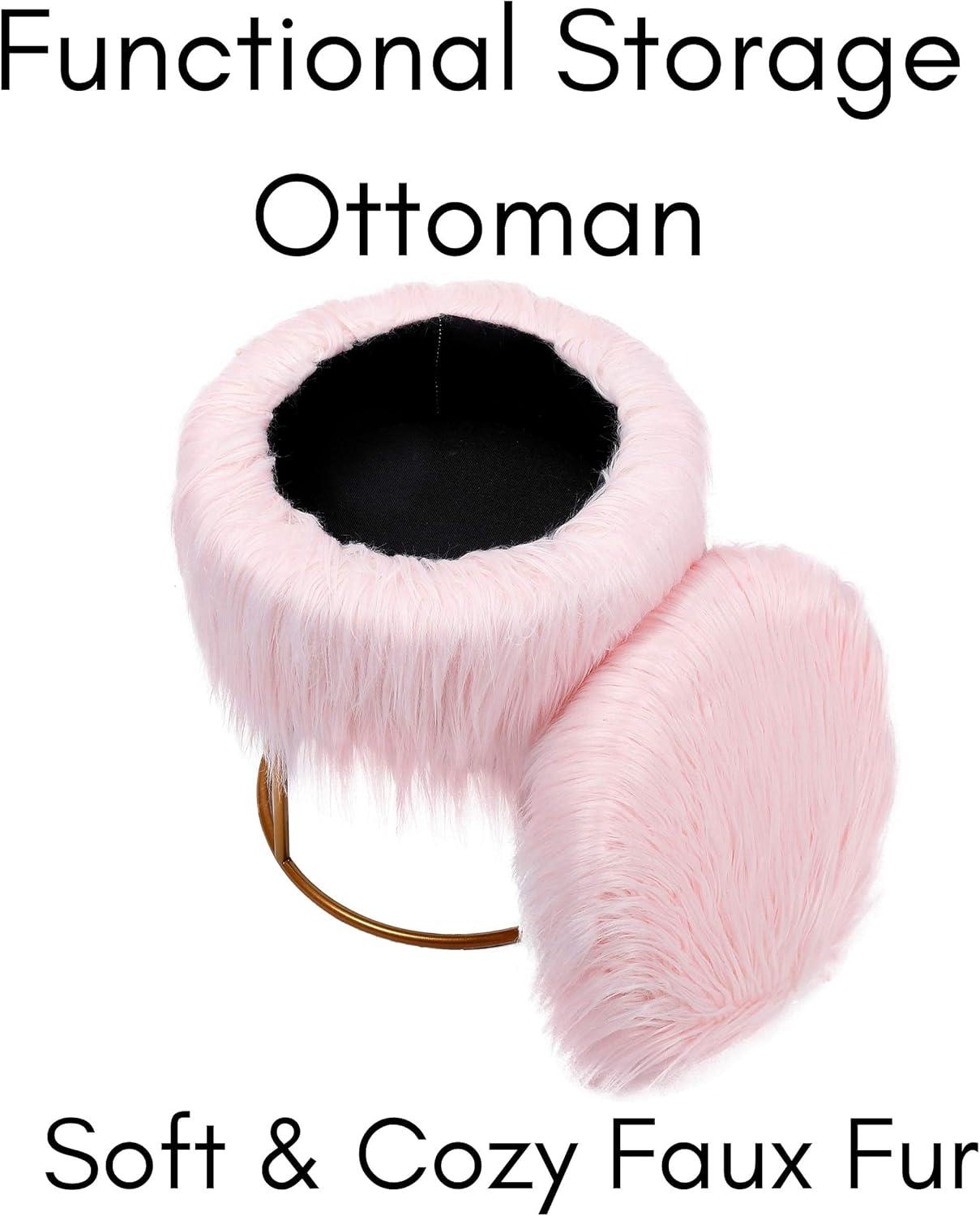 BirdRock Home Round Pink Faux Fur Foot Stool Storage Ottoman with Pale Gold Legs