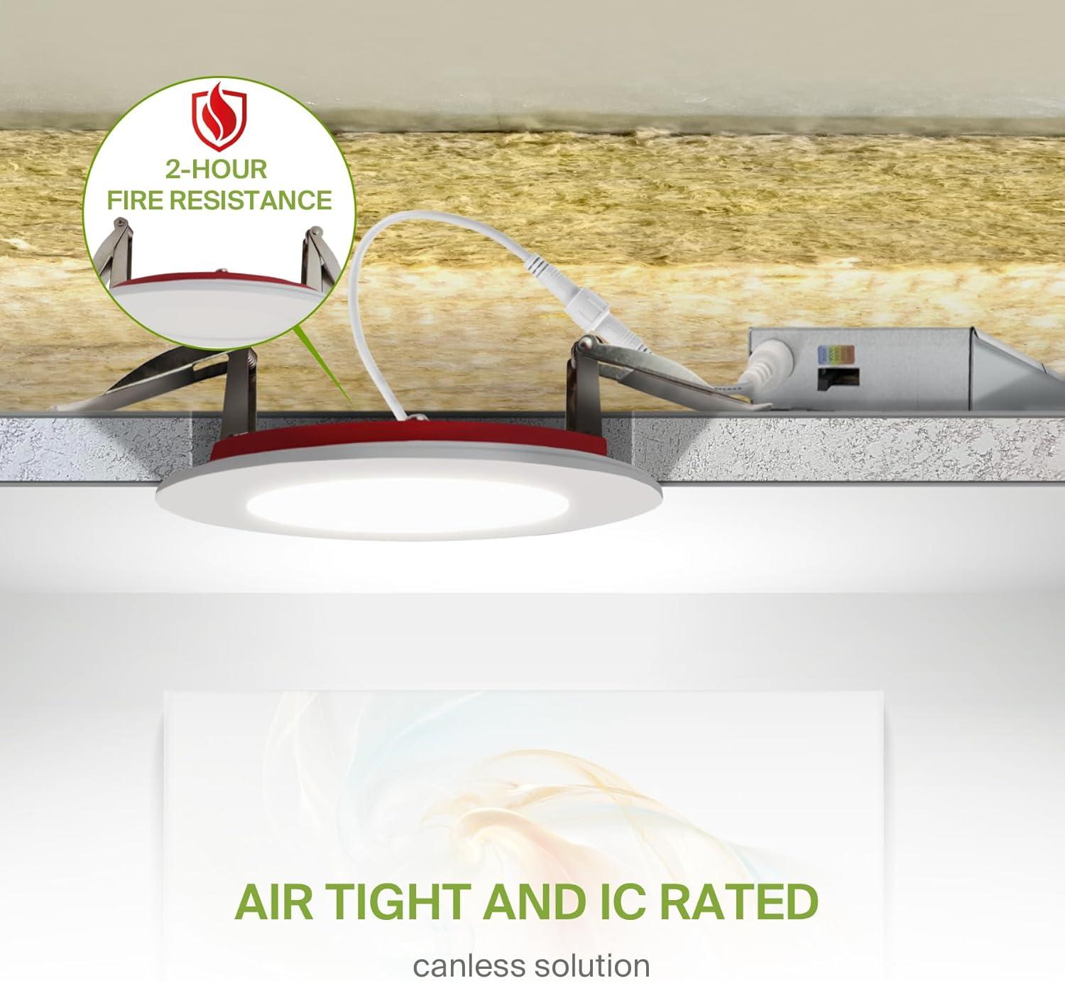ASD 12 Pack Fire Rated Recessed Lights 4 Inch, 5 Colors 2700K/3000K/3500K/4000K/5000K, 840 Lumens, 2 Hour Fire Rating, Ultra Thin Dimmable Canless Downlight, No Tenmat Needed, Wet and IC Rated, ETL