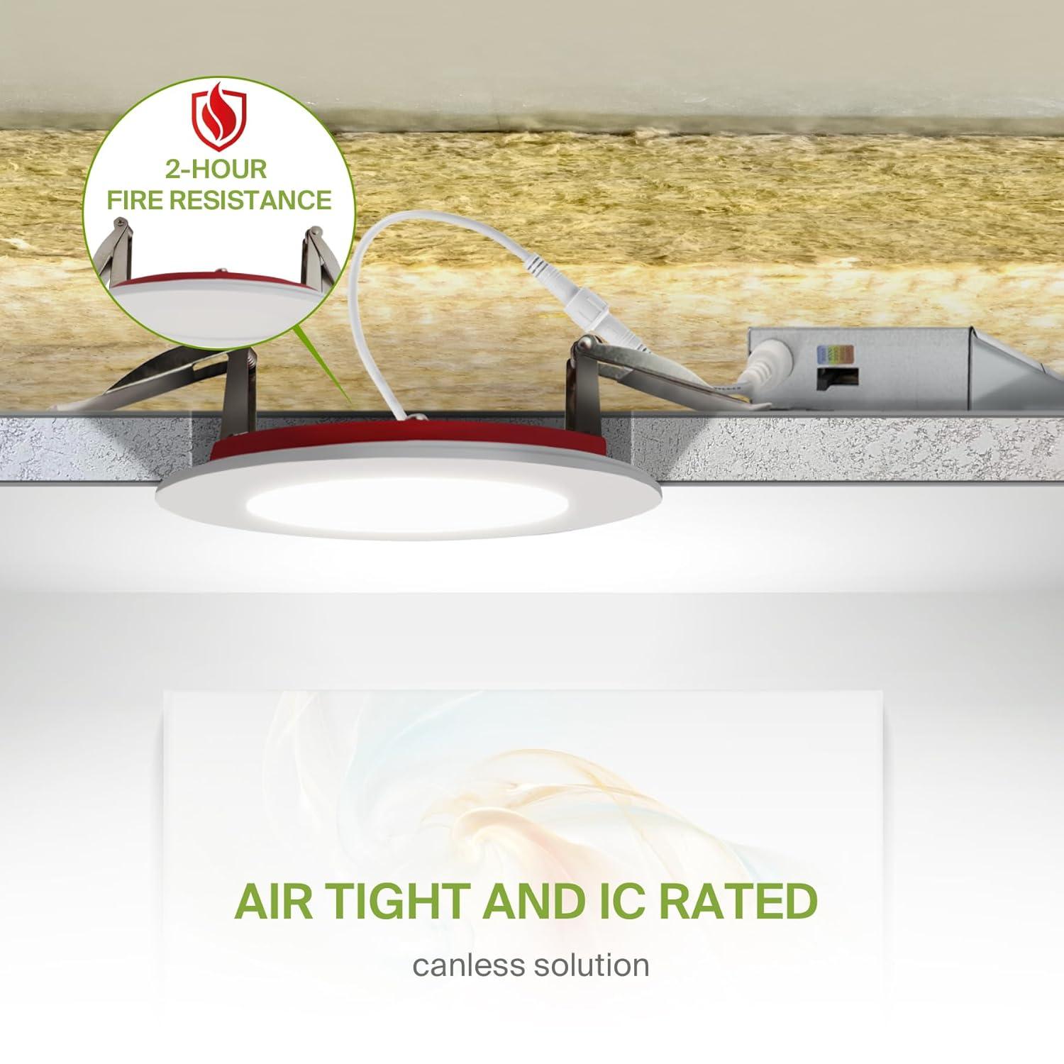 ASD 12 Pack Fire Rated Recessed Lights 4 Inch, 5 Colors 2700K/3000K/3500K/4000K/5000K, 840 Lumens, 2 Hour Fire Rating, Ultra Thin Dimmable Canless Downlight, No Tenmat Needed, Wet and IC Rated, ETL