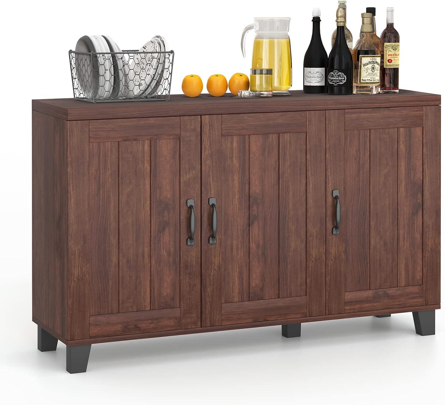 Costway 3-Door Buffet Sideboard Storage Credenza Cabinet Console Adjustable Shelf Brown