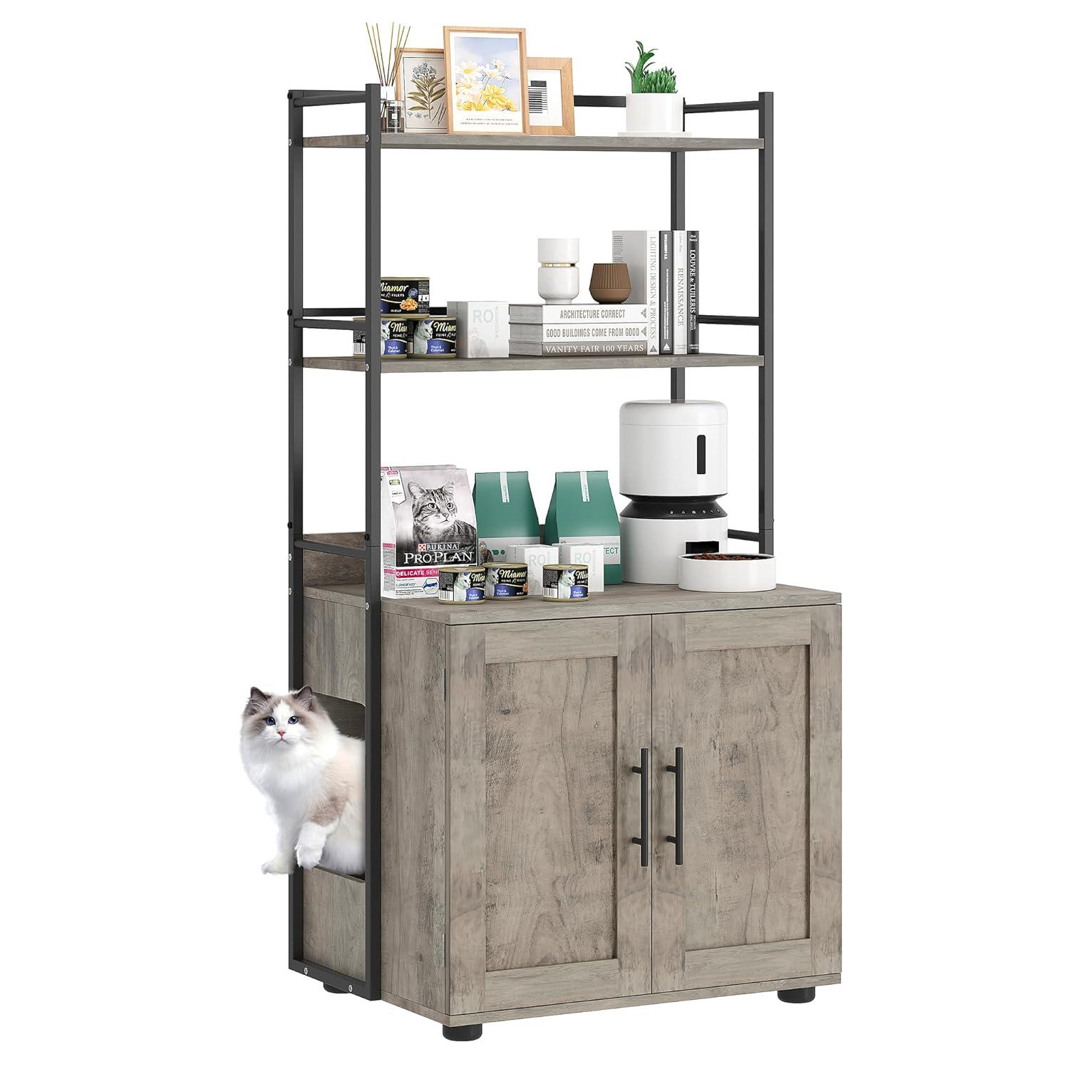 Garvee Cat Litter Box Enclosure with Shelf Storage, 2-in-1 Hidden Cat Washroom Furniture, Hidden Cat Box Enclosure with 3 Shelves and Door, Grey