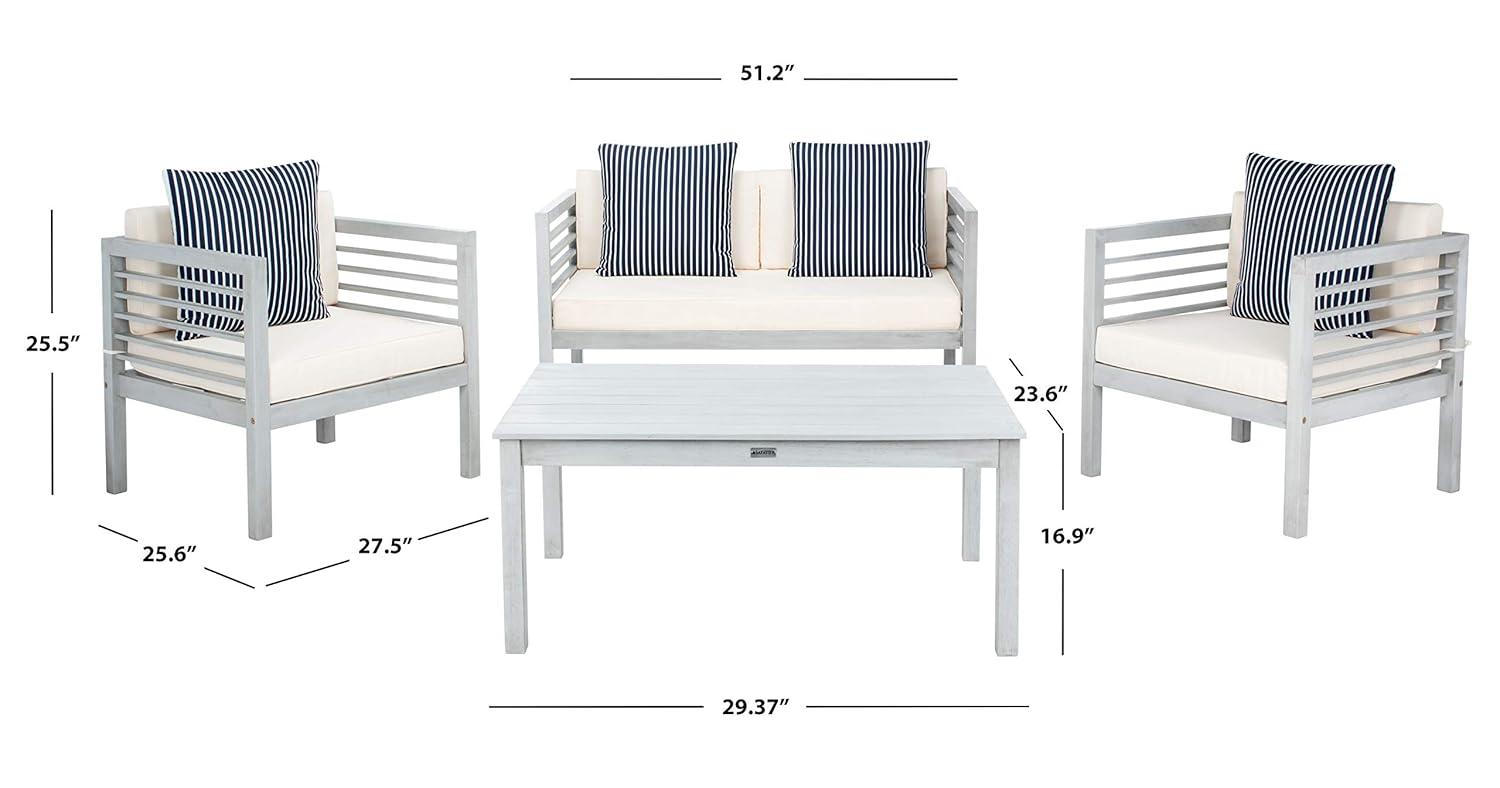 Alda 4 Piece Set - Indoor/Outdoor - PAT7033 - Grey/Beige + Thin Stripe Pillow - Safavieh