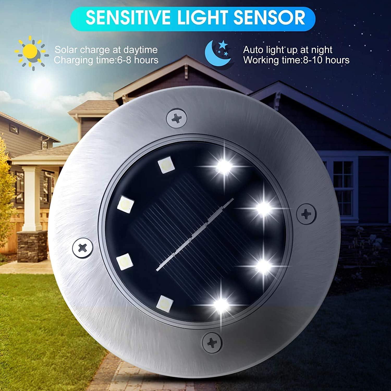 Bell + Howell 8 LED Solar Powered Disk Lights, 4 Pack, Outdoor Pathway Lights, Waterproof, Auto On/Off, Rust Resistant