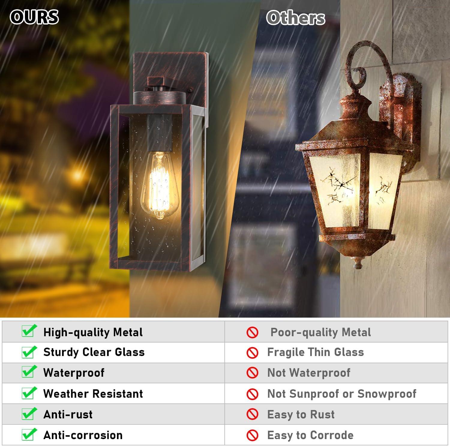 Brown Metal and Glass Modern Outdoor Wall Lanterns, 2-Pack