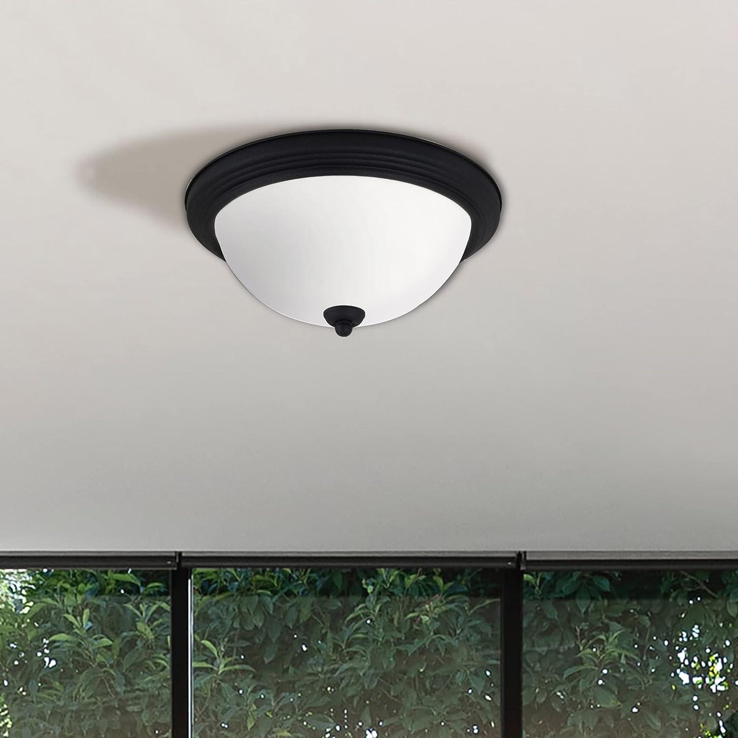 Geary 10.5 in. 1-Light Midnight Matte Black Traditional Contemporary Ceiling Flush Mount with Satin Etched Glass