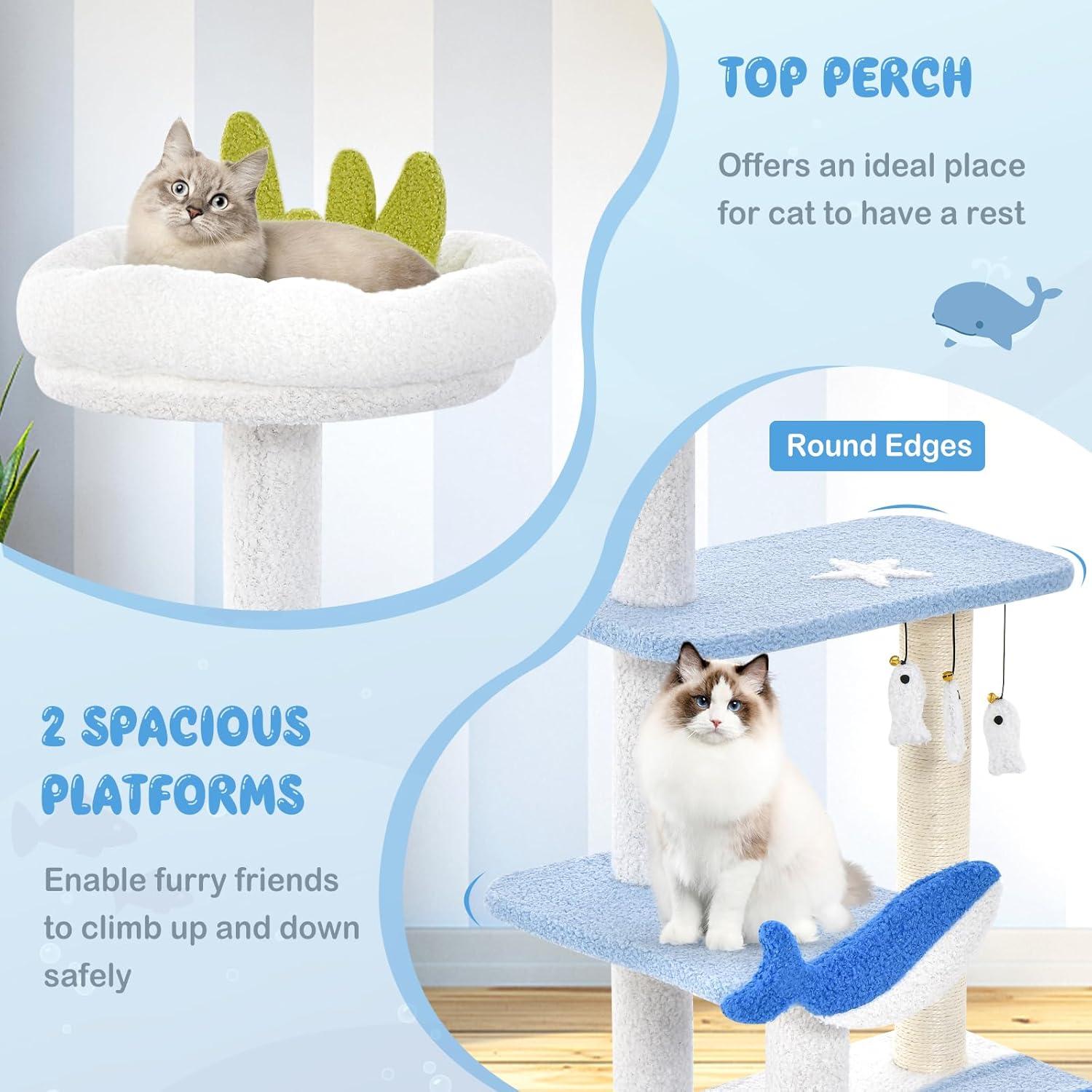 Kadyn Cat Tree for Large Cat, Cat Tower Heavy Duty, Extra Tall Cat Condo, 3-level Cat Tower with Sisal Covered Scratching Posts-Blue