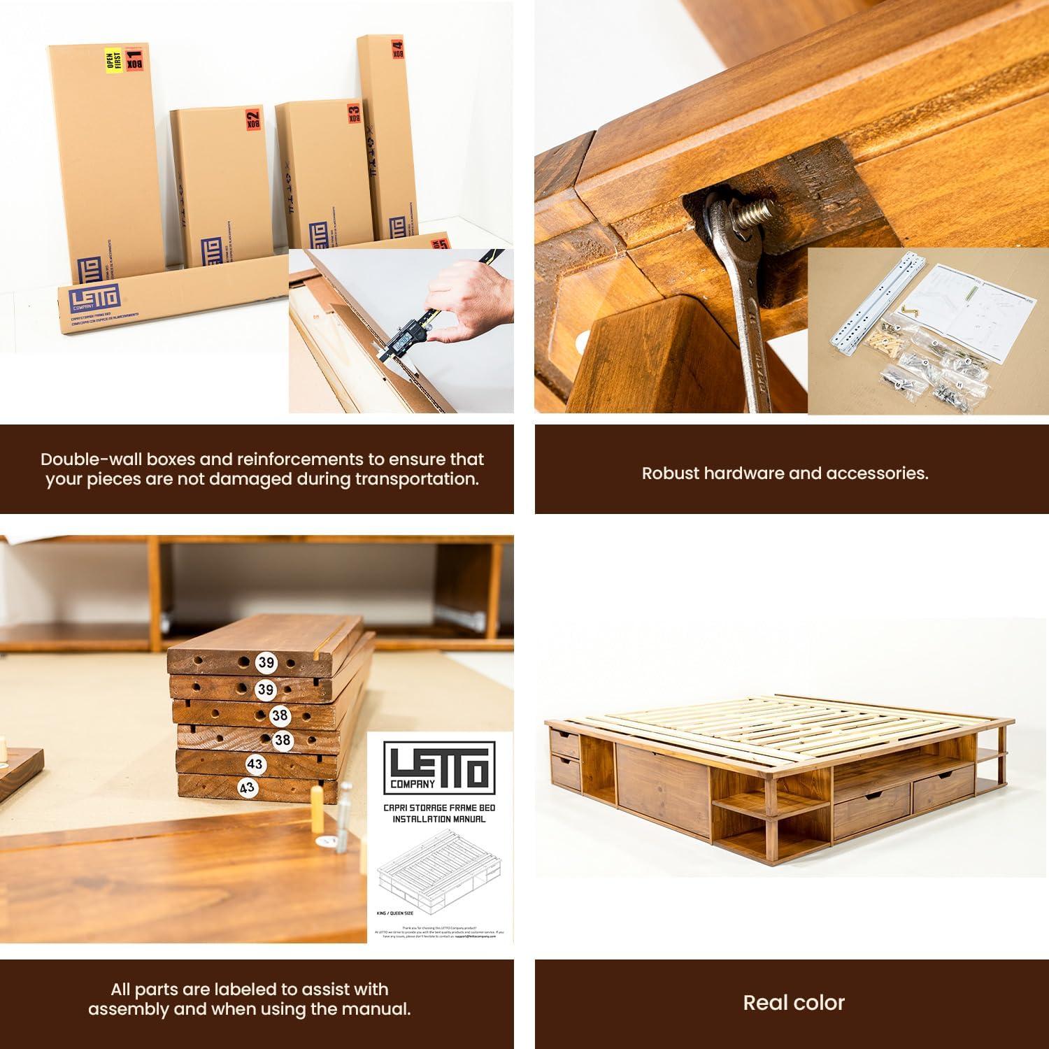 LETTO Capri Queen Size Wood Platform Storage Bed Frame with Drawers and Built-in Shelves, Storage Platform Bed Great for Couples Room Organization, Solid Wood Bed, Smooth Finish (Golden Brown)