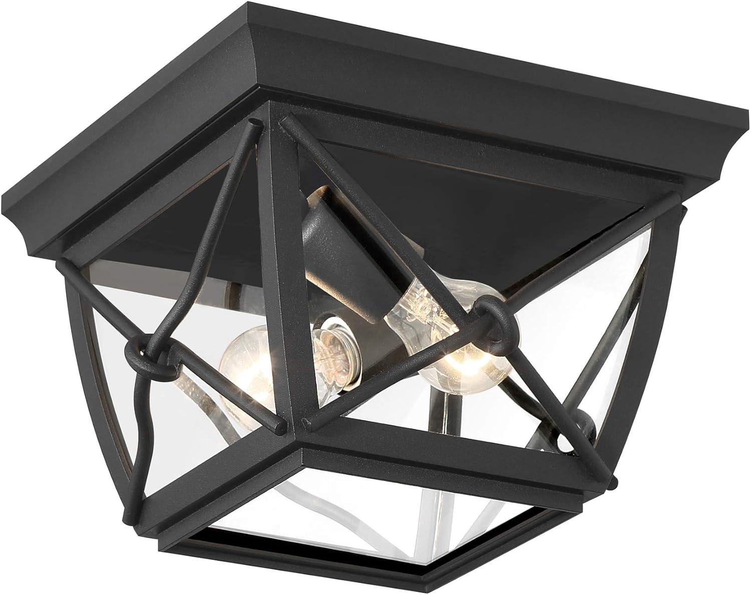 Black Steel and Glass Outdoor Flush Mount Ceiling Light