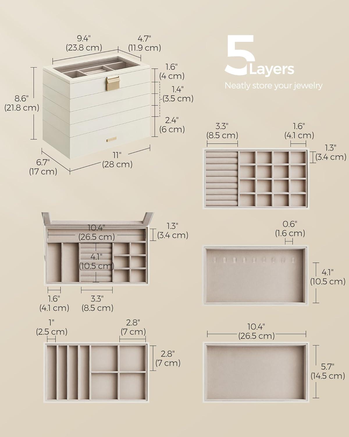 SONGMICS Stackable Jewelry Trays, 5-Tier Jewelry Box, Drawer Jewelry Organizer, with Glass Lid, Removable Dividers, for Vanity Table, 6.7 x 11 x 8.6 Inches, Gift Idea, Cloud White UJBC194W01
