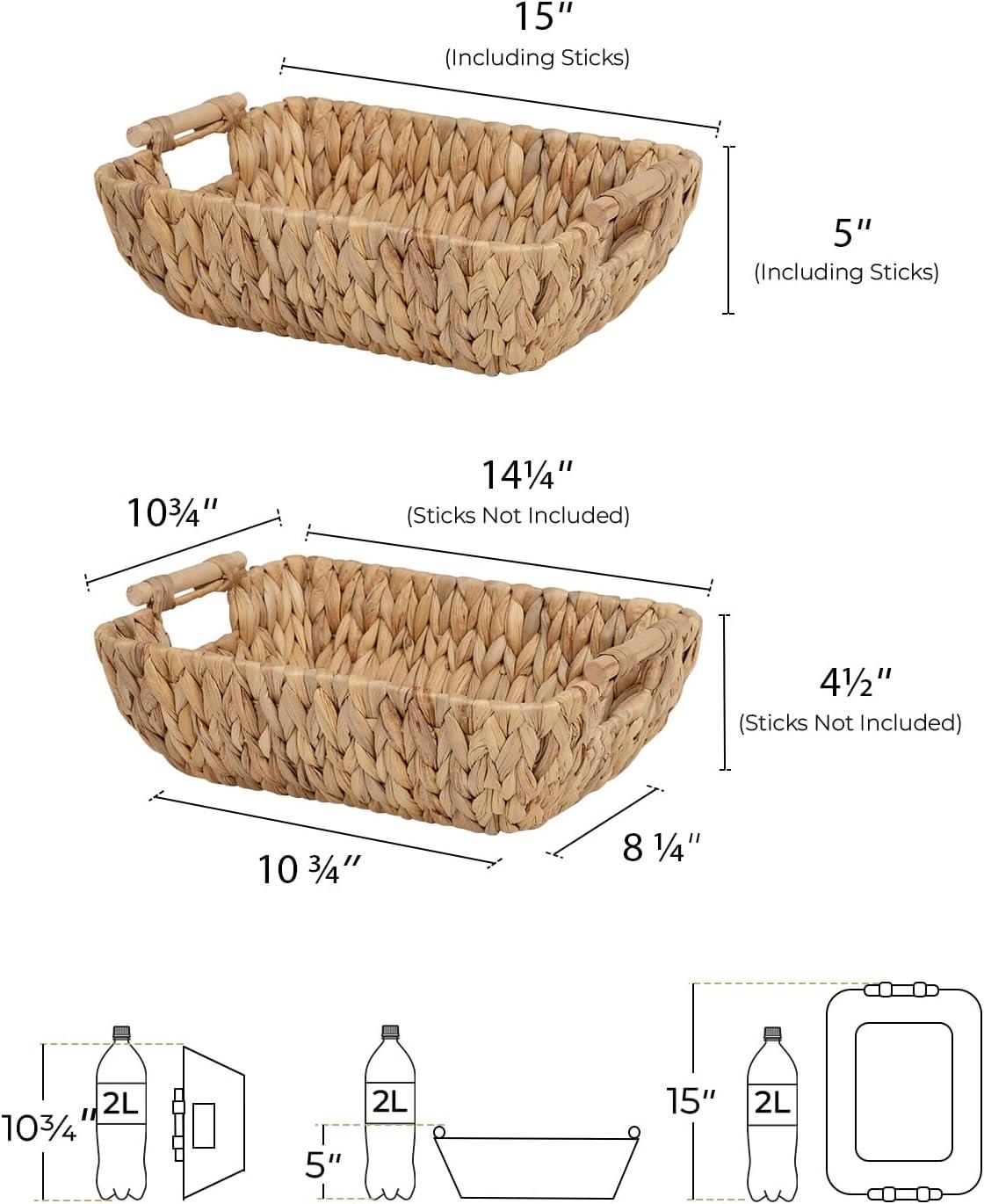 Natural Water Hyacinth Wicker Storage Baskets with Wooden Handles, 2-Pack