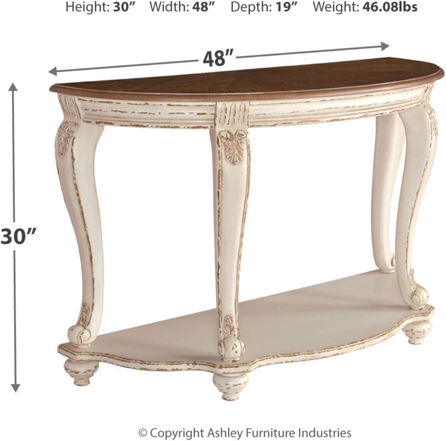 Realyn Demilune Sofa Table with Storage in Distressed White/Brown