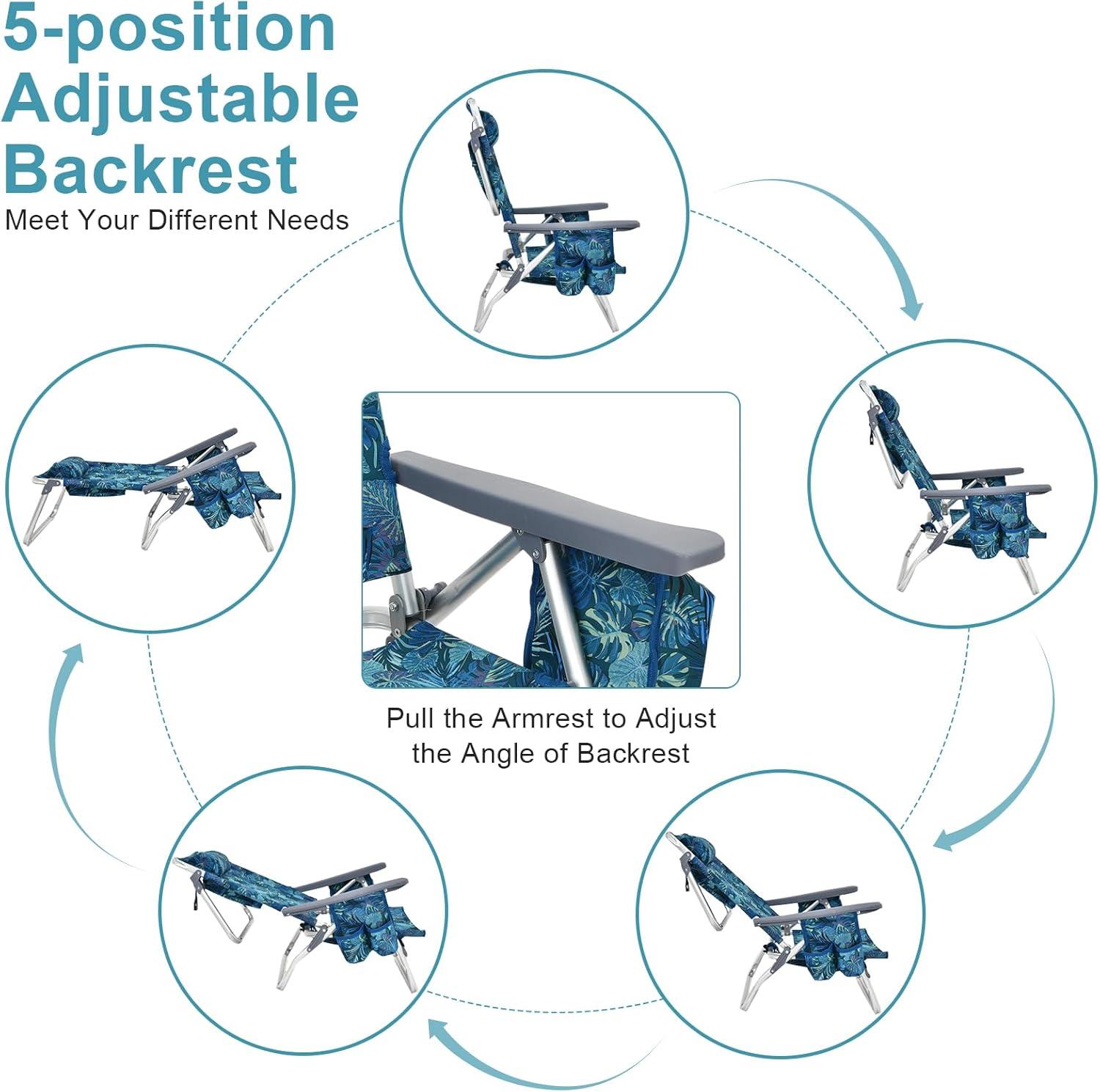 GYMAX Beach Chairs, 2-Pack Backpack Camping Chair with Armrest, Cooler Bag, Cup Holder, Towel Bar & Side Pockets, Sunbath Sling Tanning Lounge, Folding Layout Chairs (Blue Leaves, with Table)