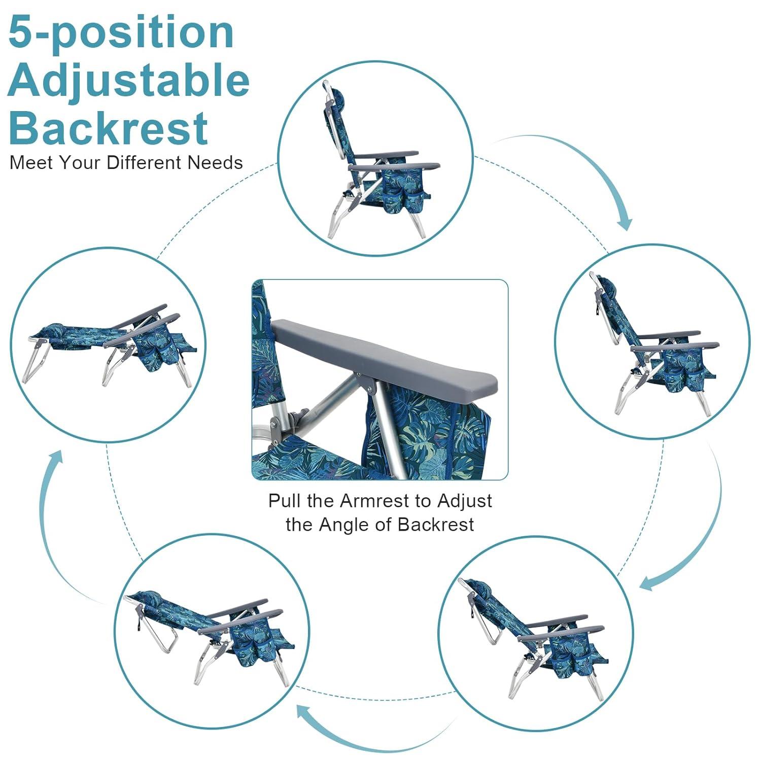 GYMAX Beach Chairs, 2-Pack Backpack Camping Chair with Armrest, Cooler Bag, Cup Holder, Towel Bar & Side Pockets, Sunbath Sling Tanning Lounge, Folding Layout Chairs (Blue Leaves, with Table)