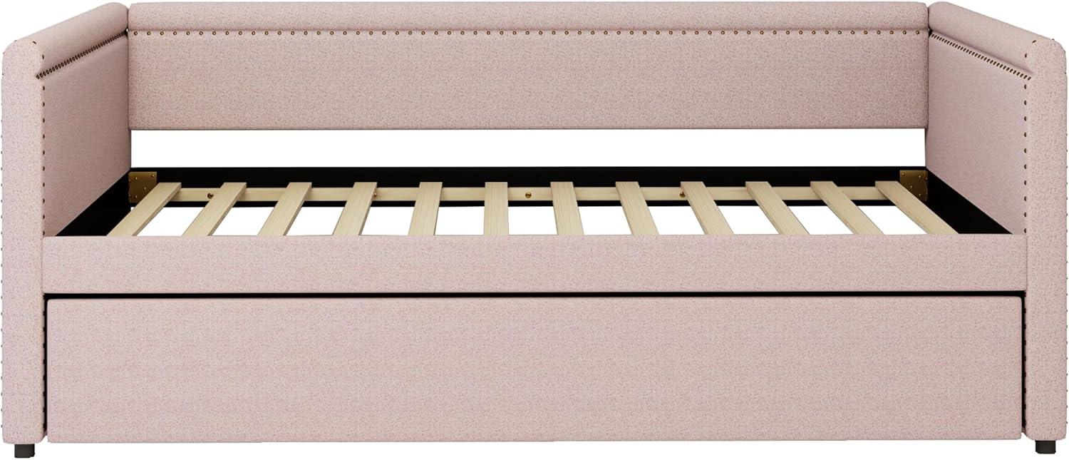 Pink Modern Style Twin Size Linen Upholstered Daybed with Trundle, Curved Arms, Nailhead Trims