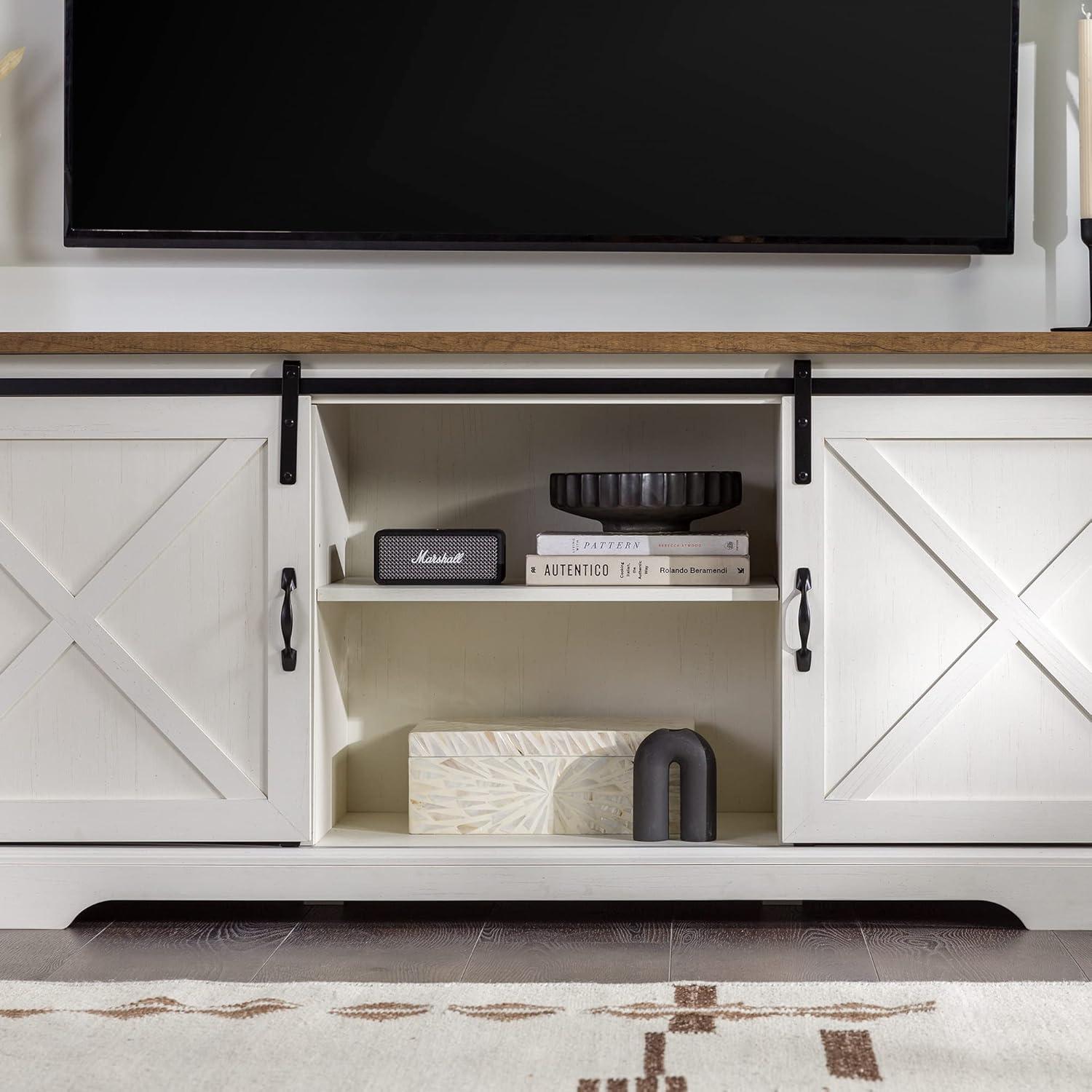 Walker Edison Sliding Barn Door 70" Farmhouse Wood TV Stand in White/Black