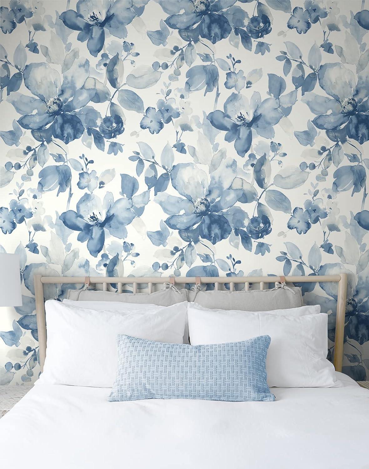 Bluestone Watercolor Flower Peel and Stick Wallpaper