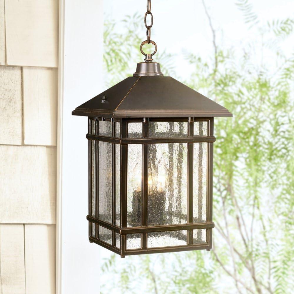 Kathy Ireland Art Deco Outdoor Hanging Light Rubbed Bronze 16 1/2 Seeded Glass Panels Damp Rated for Exterior House Porch Outside