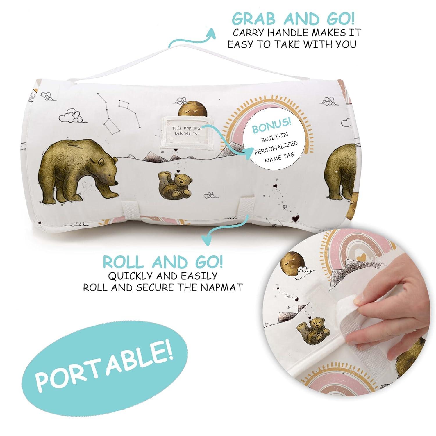 Extra Long Toddler Nap Mat - Sleeping Bag for Kids with Removable Pillow and Ultra Soft Blanket for Preschool, Daycare, and Sleepovers - Rainbow Bears