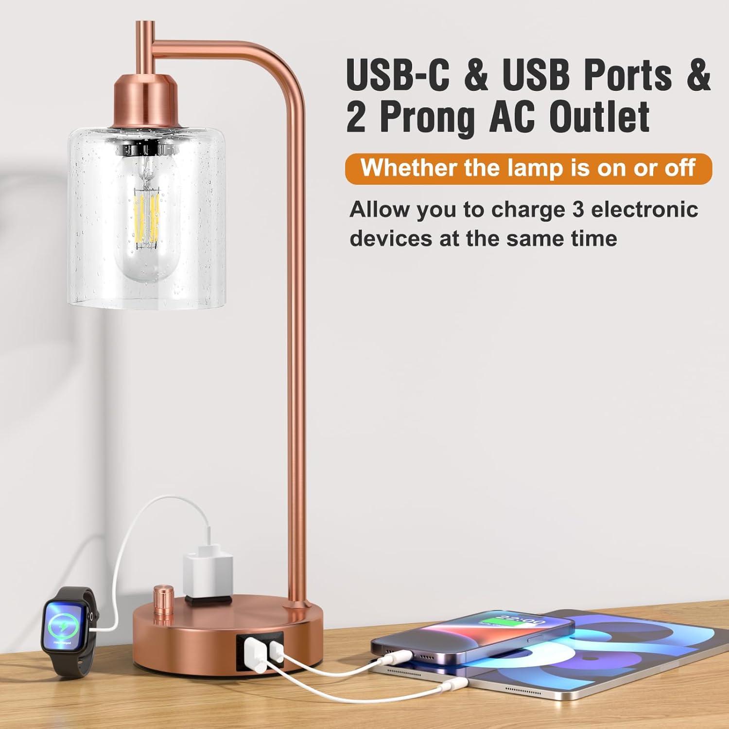 Latitude Run® Industrial Touch Table Lamps for Bedrooms Set of 2 - 3-Way Dimmable Nightstand Lamps with USB C+A Ports and Outlet, Bedside Lamps with Glass Shade for Living Room, Desk Lamps for Home Office