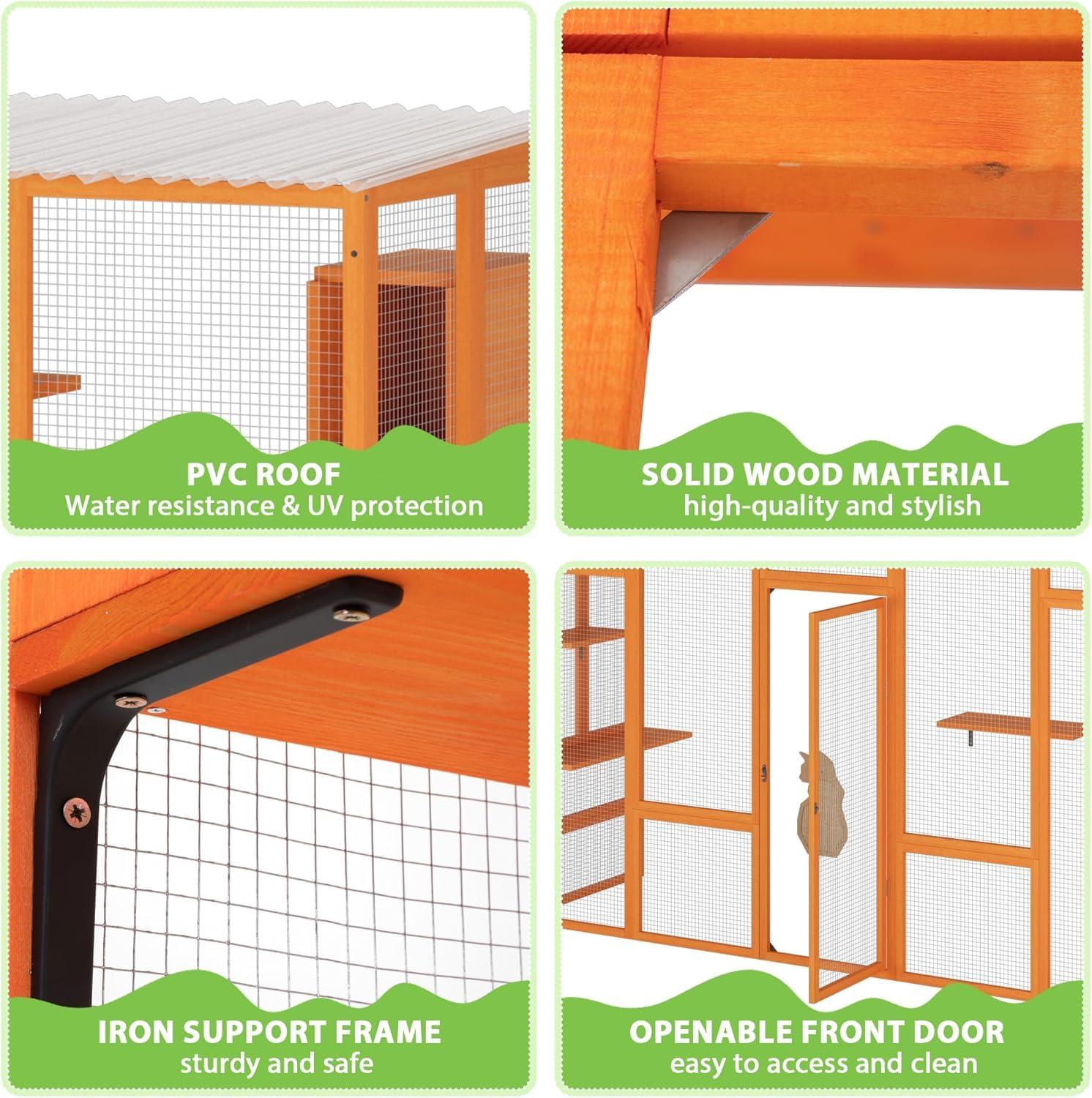 COZIWOW Outdoor Cat Enclosure, Catio Pet Safe House, 104" Extra Large Indoor Window Box with 7 Platforms, Resting Houses, and Walk-In Door, Orange