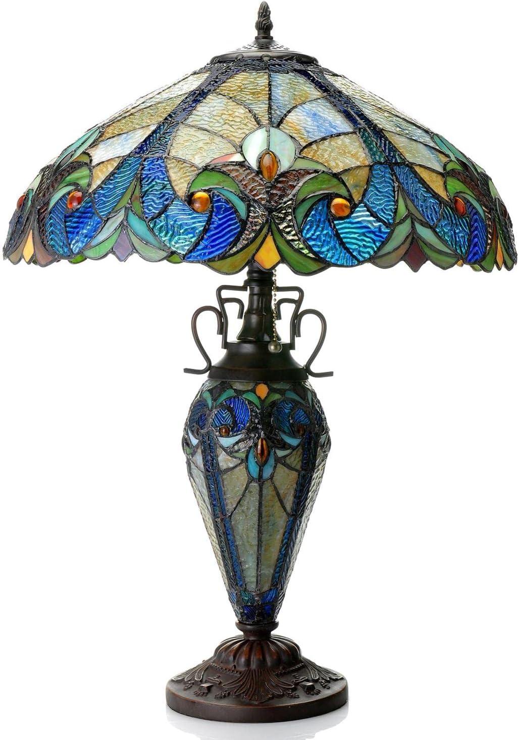 Victorian Double-Lit 18" Bronze Stained Glass Table Lamp