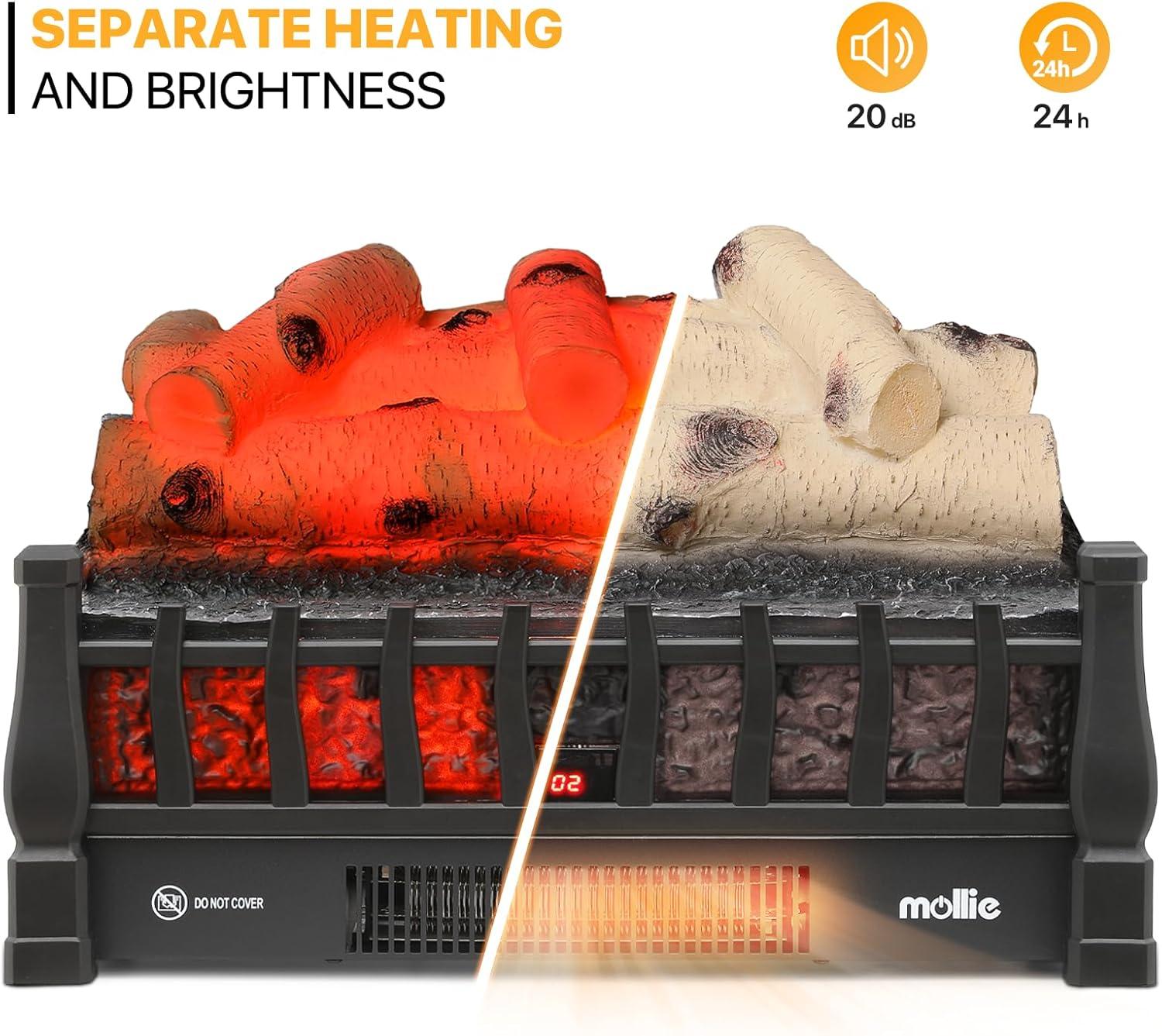 20" Electric Fireplace Log Set Heater with Realistic Ember Bed, Remote, Adjustable Flame Brightness