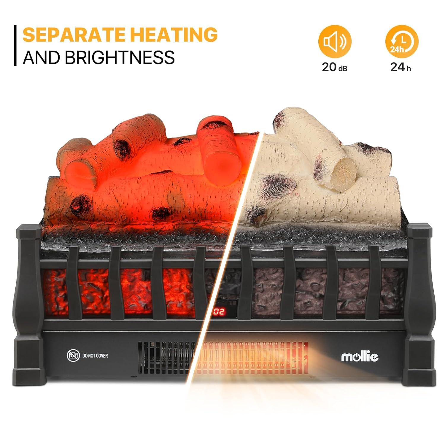 20" Electric Fireplace Log Set Heater with Realistic Ember Bed, Remote, Adjustable Flame Brightness