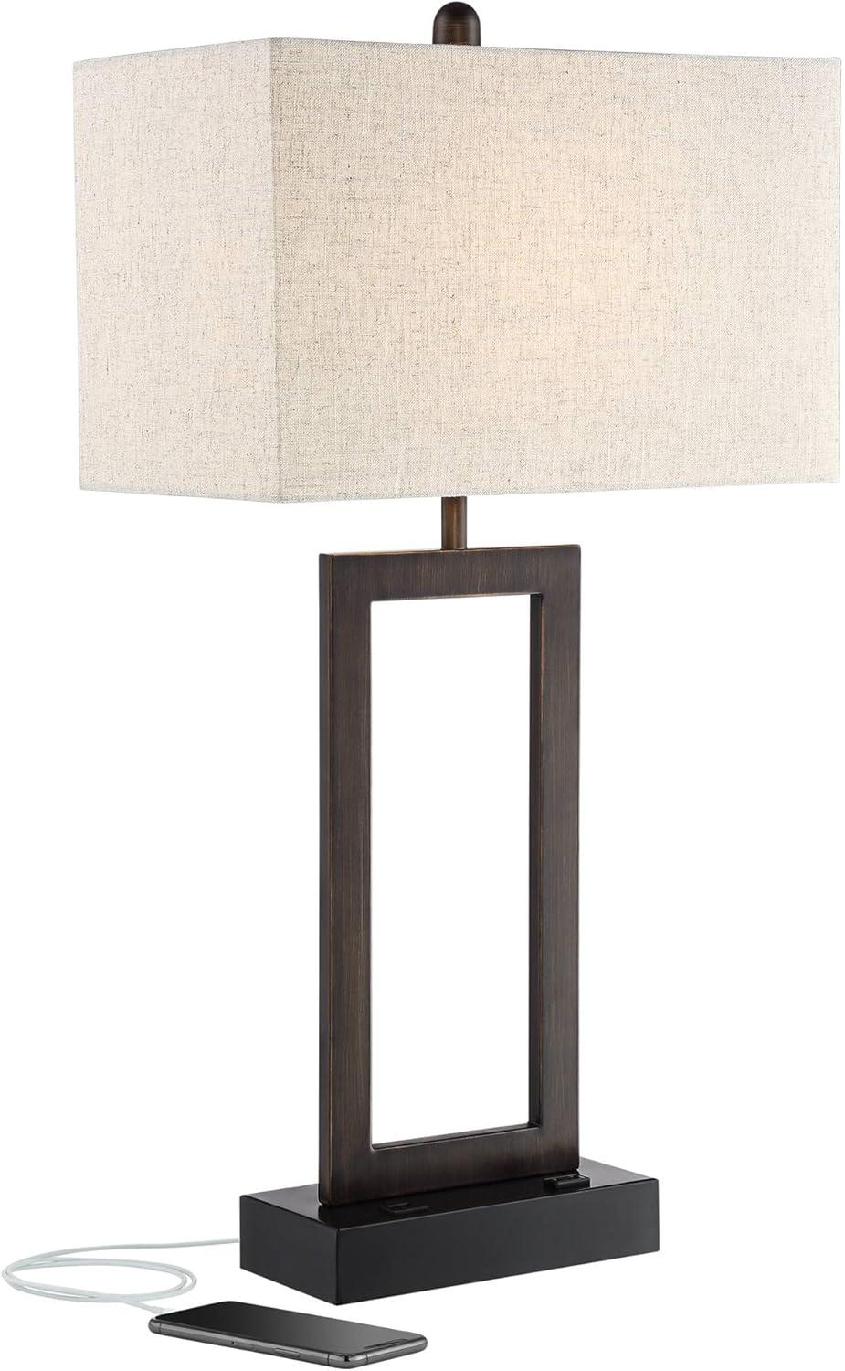 360 Lighting Todd Modern Table Lamp 30" Tall Bronze Rectangular with USB and AC Power Outlet in Base Oatmeal Fabric Shade for Living Room Office House